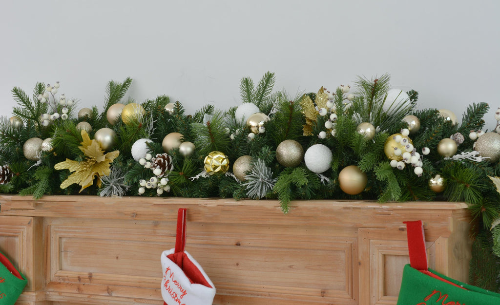Classic 6ft Christmas Garland with Pine Cones, Ornaments, and Frosted Greenery Perfect for Fireplace Mantel Decoration
