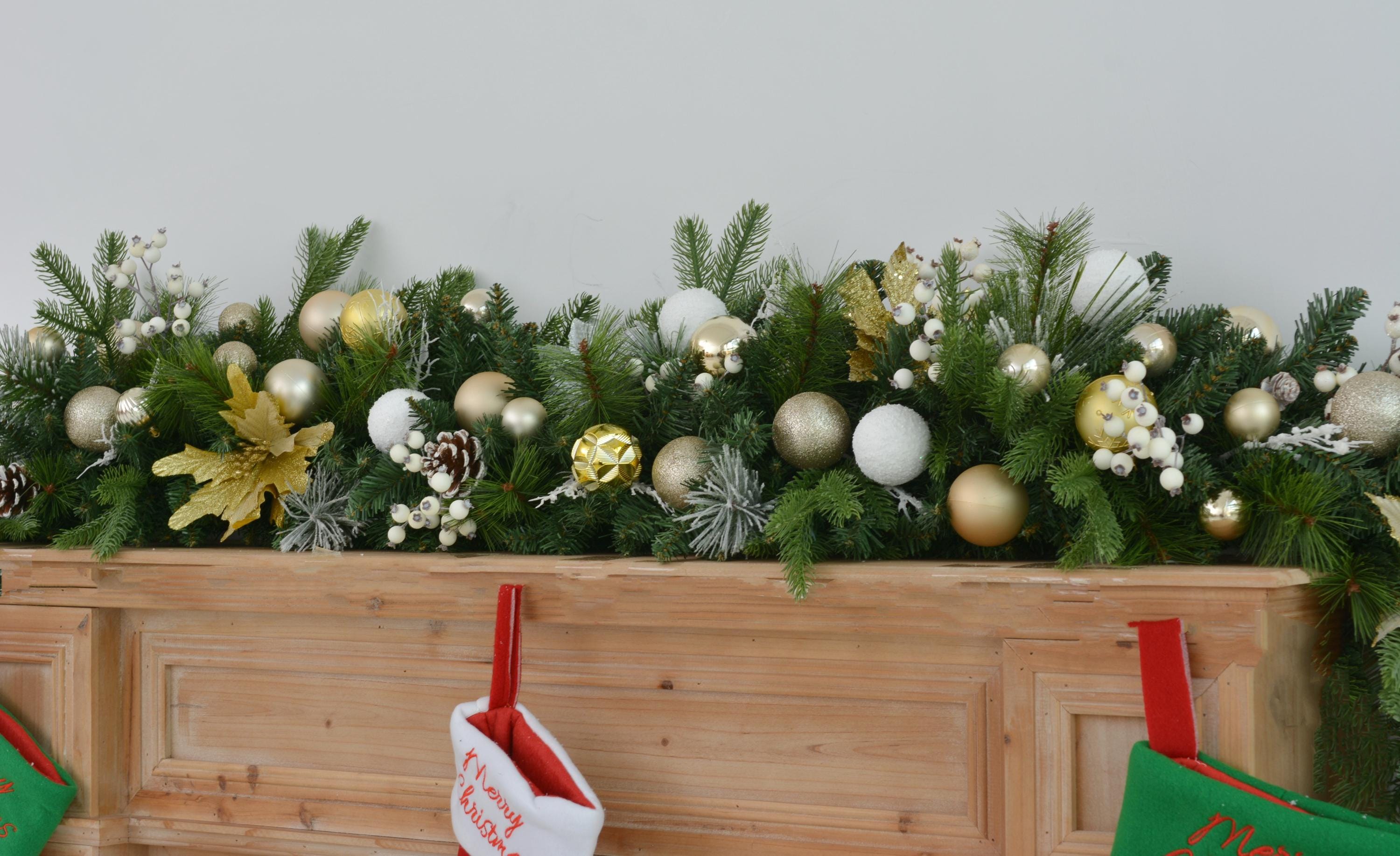 Classic 6ft Christmas Garland with Pine Cones, Ornaments, and Frosted Greenery Perfect for Fireplace Mantel Decoration