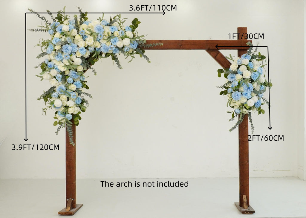 Floral Arch Arrangement for Frame and Event Backdrop Featuring White, Light Blue, and Greenery