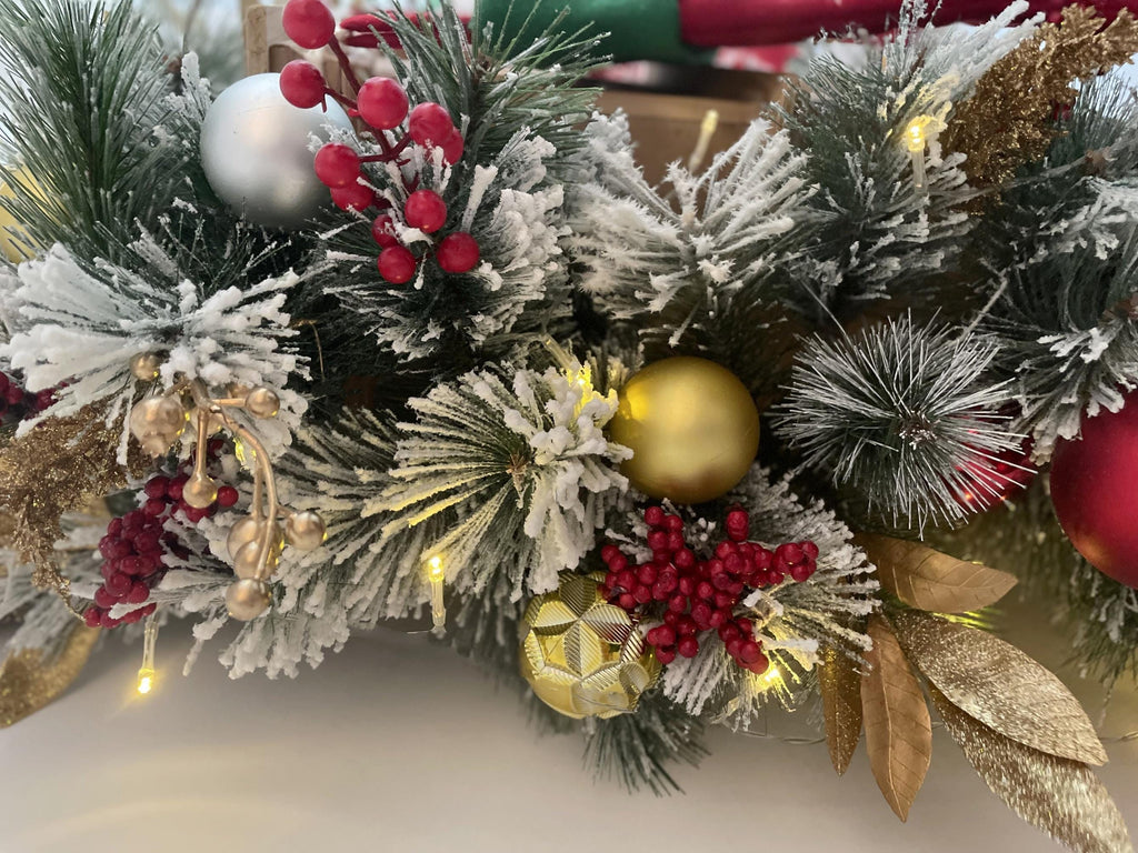 9FT Festive Christmas Garland with Gold, Red, and Green Decorations Holiday Mantel Garland for Fireplace or Doorway