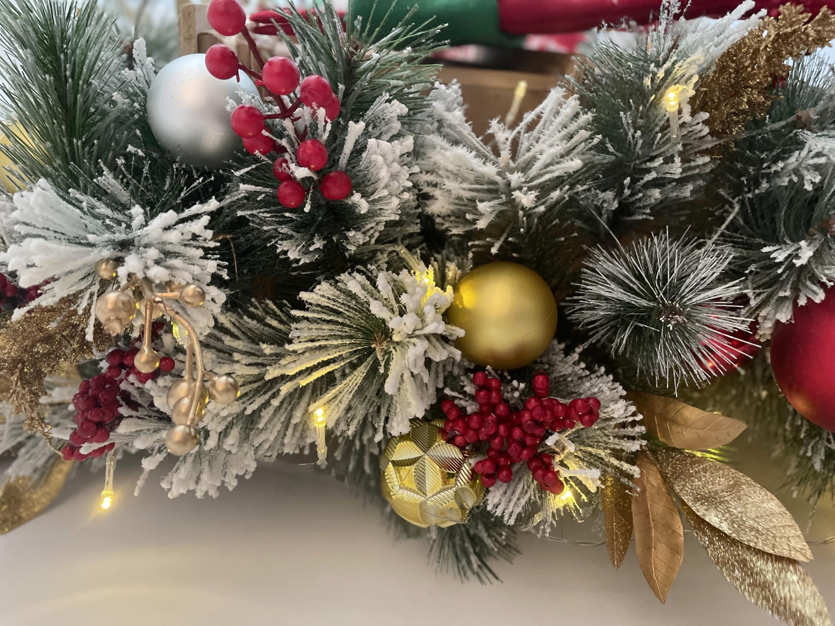 9FT Festive Christmas Garland with Gold, Red, and Green Decorations Holiday Mantel Garland for Fireplace or Doorway