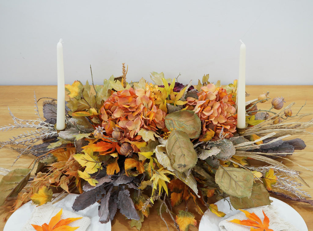 Autumn Harvest Hydrangea Centerpiece, Faux Floral Arrangement for Thanksgiving and Halloween Table Decor