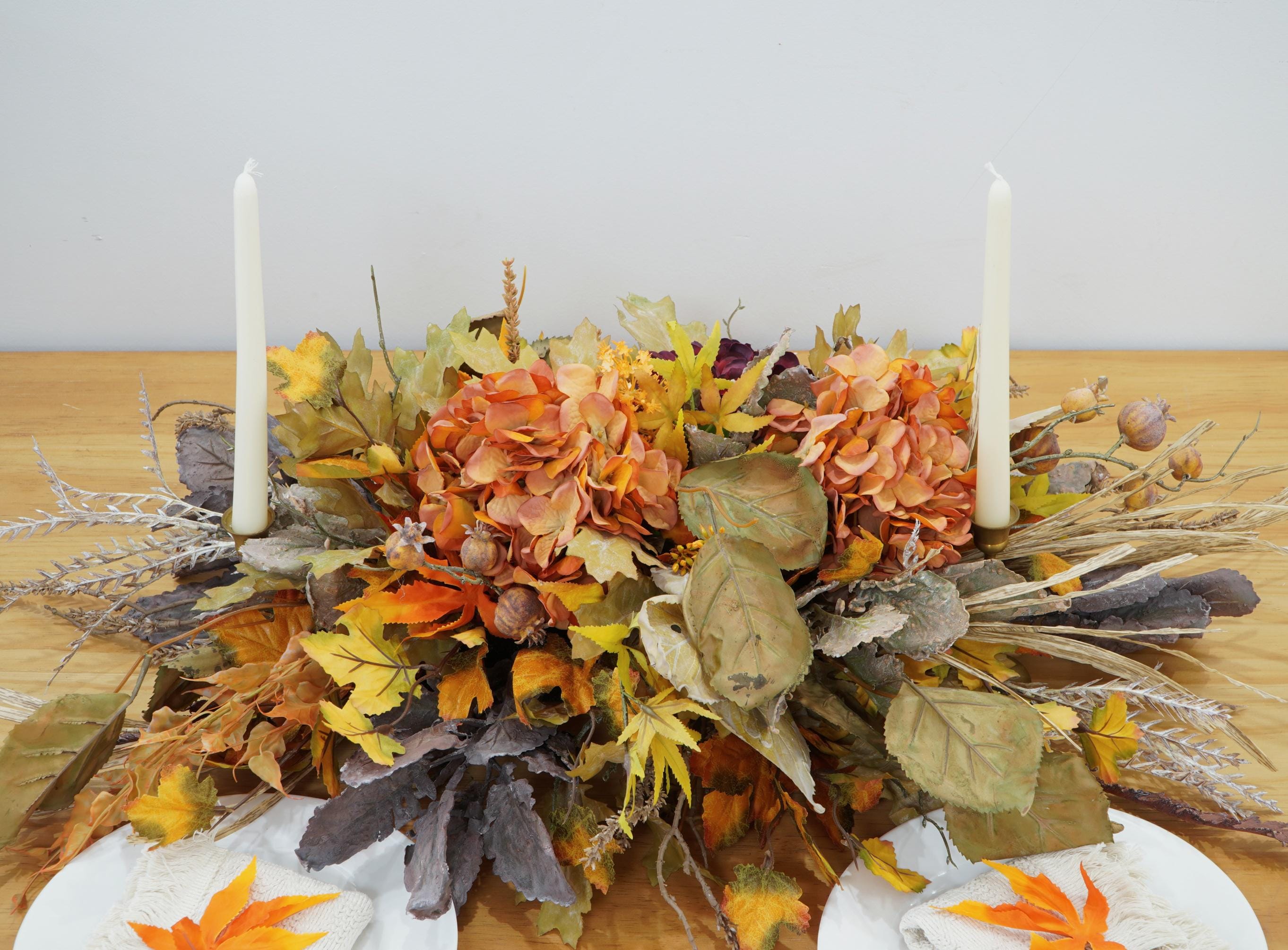 Autumn Harvest Hydrangea Centerpiece, Faux Floral Arrangement for Thanksgiving and Halloween Table Decor