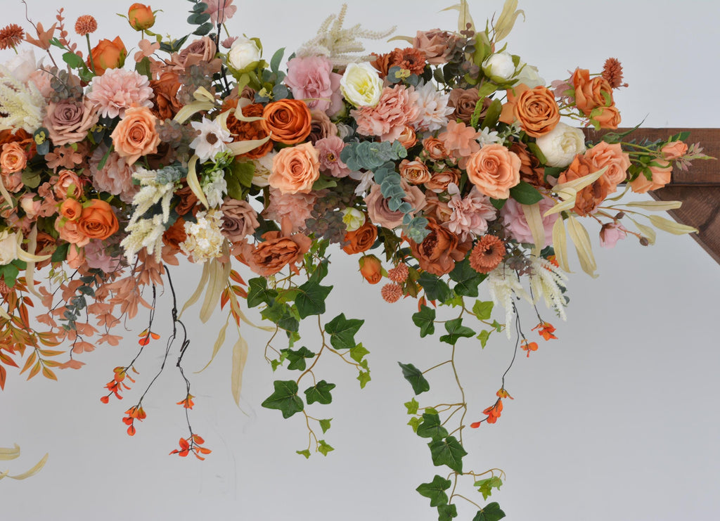 Artificial Wedding Arch Flowers – Rustic Burnt Orange and Greenery Floral Decoration for Ceremony