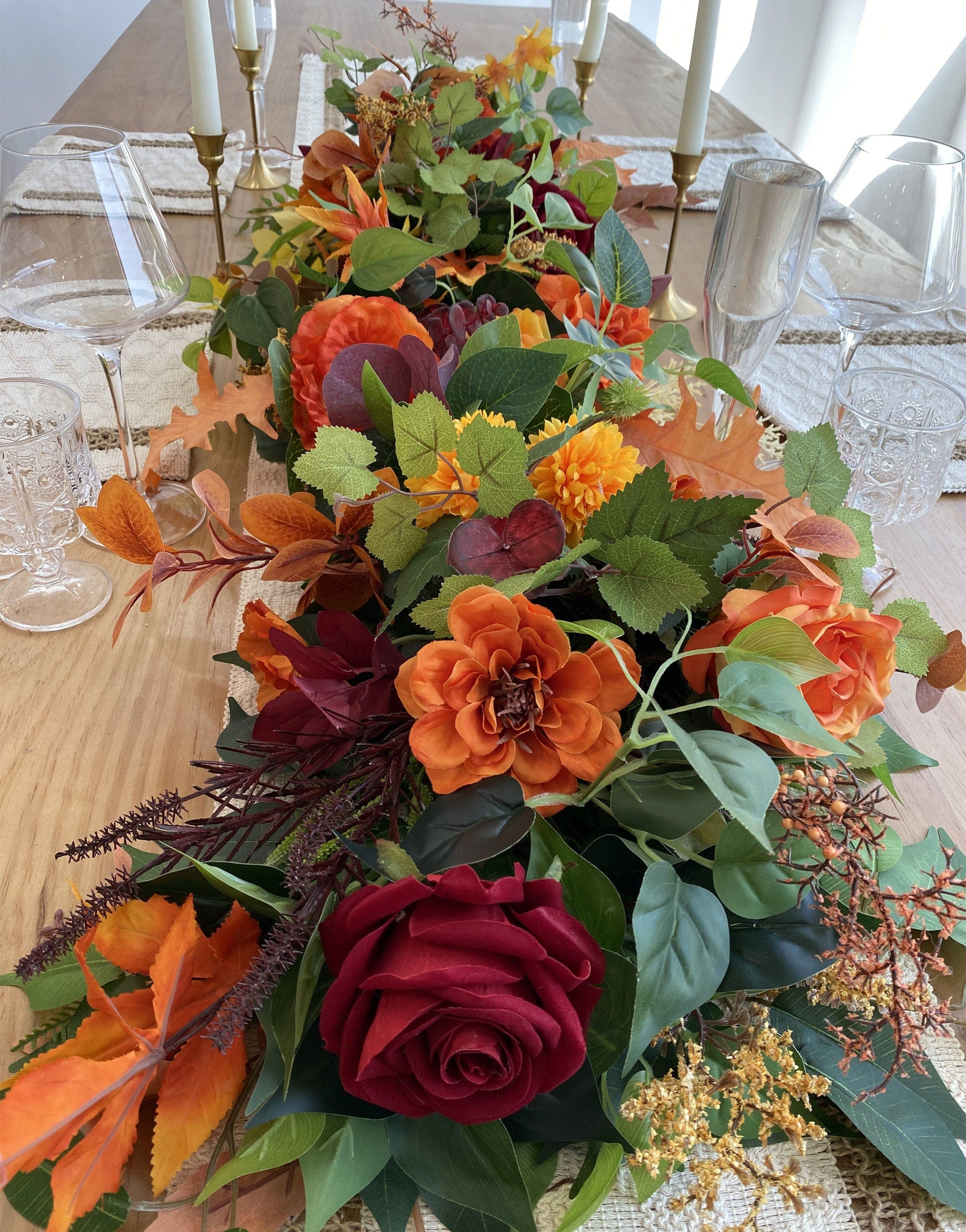 Fall Garland: Burgundy, Orange, and Yellow Thanksgiving Table Centerpiece (3.2FT)
