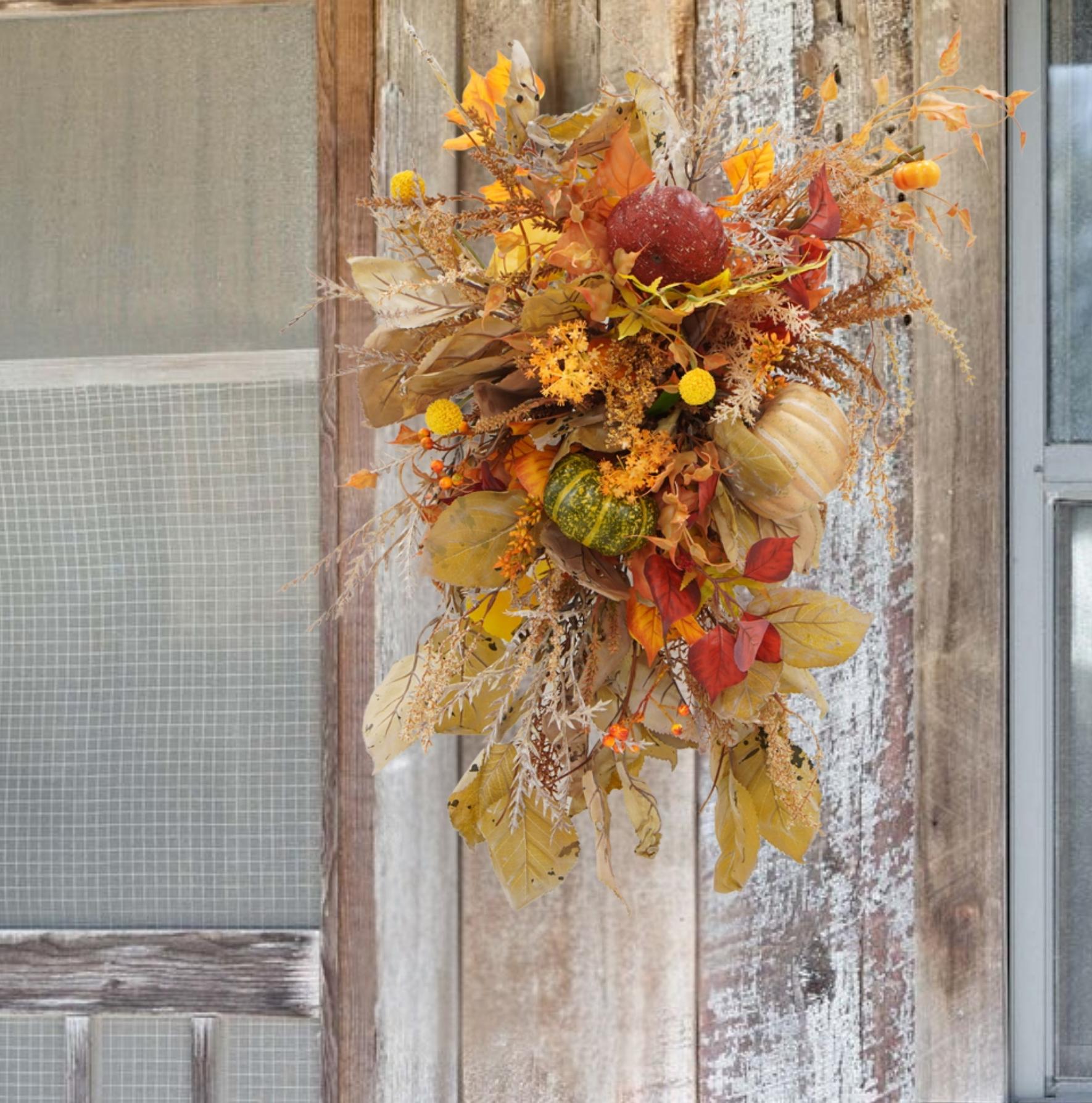 Autumn Harvest Pumpkin Centerpiece – Faux Fall Floral Table Garland with Gourds, Leaves & Rustic Accents