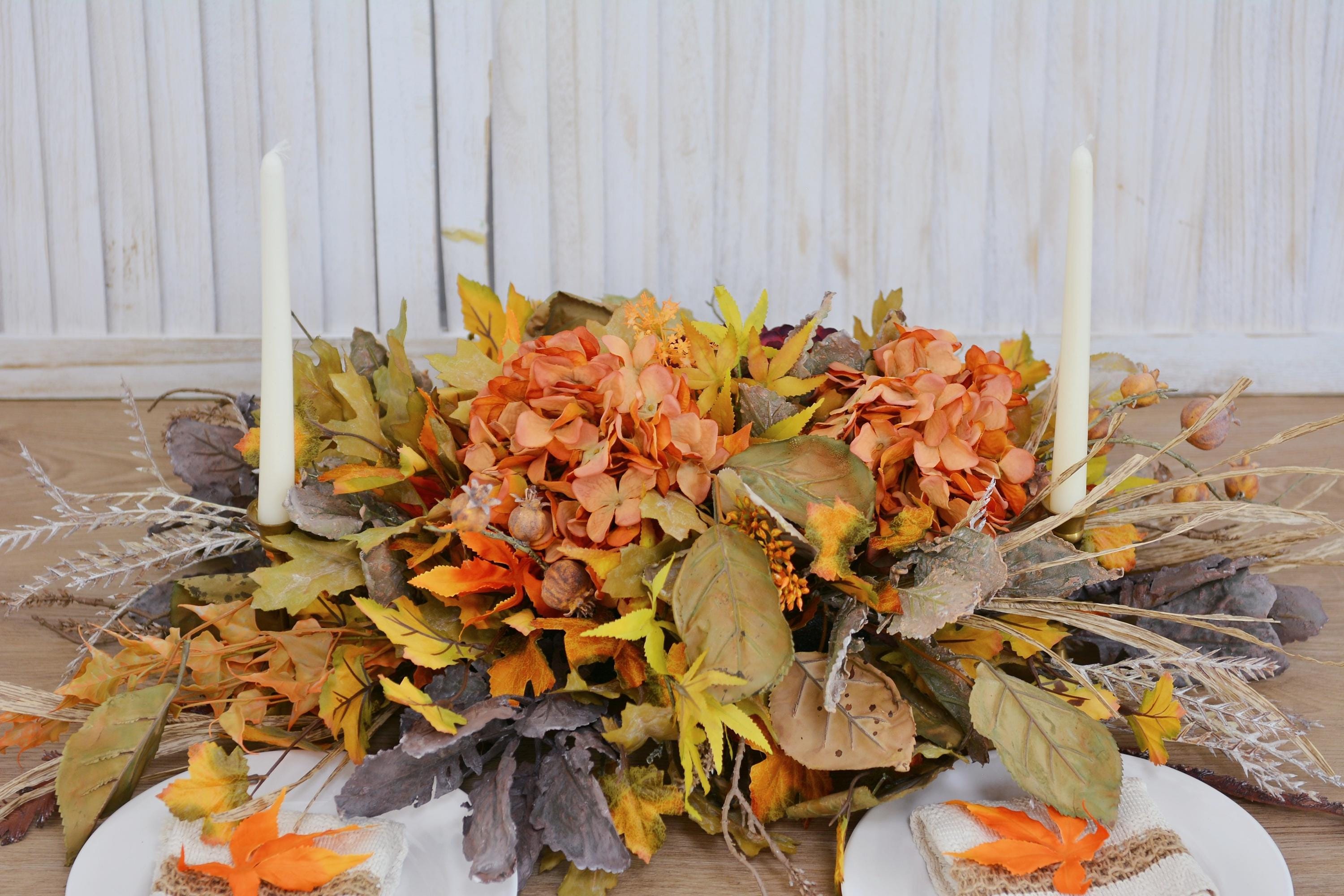 Autumn Harvest Hydrangea Centerpiece, Faux Floral Arrangement for Thanksgiving and Halloween Table Decor
