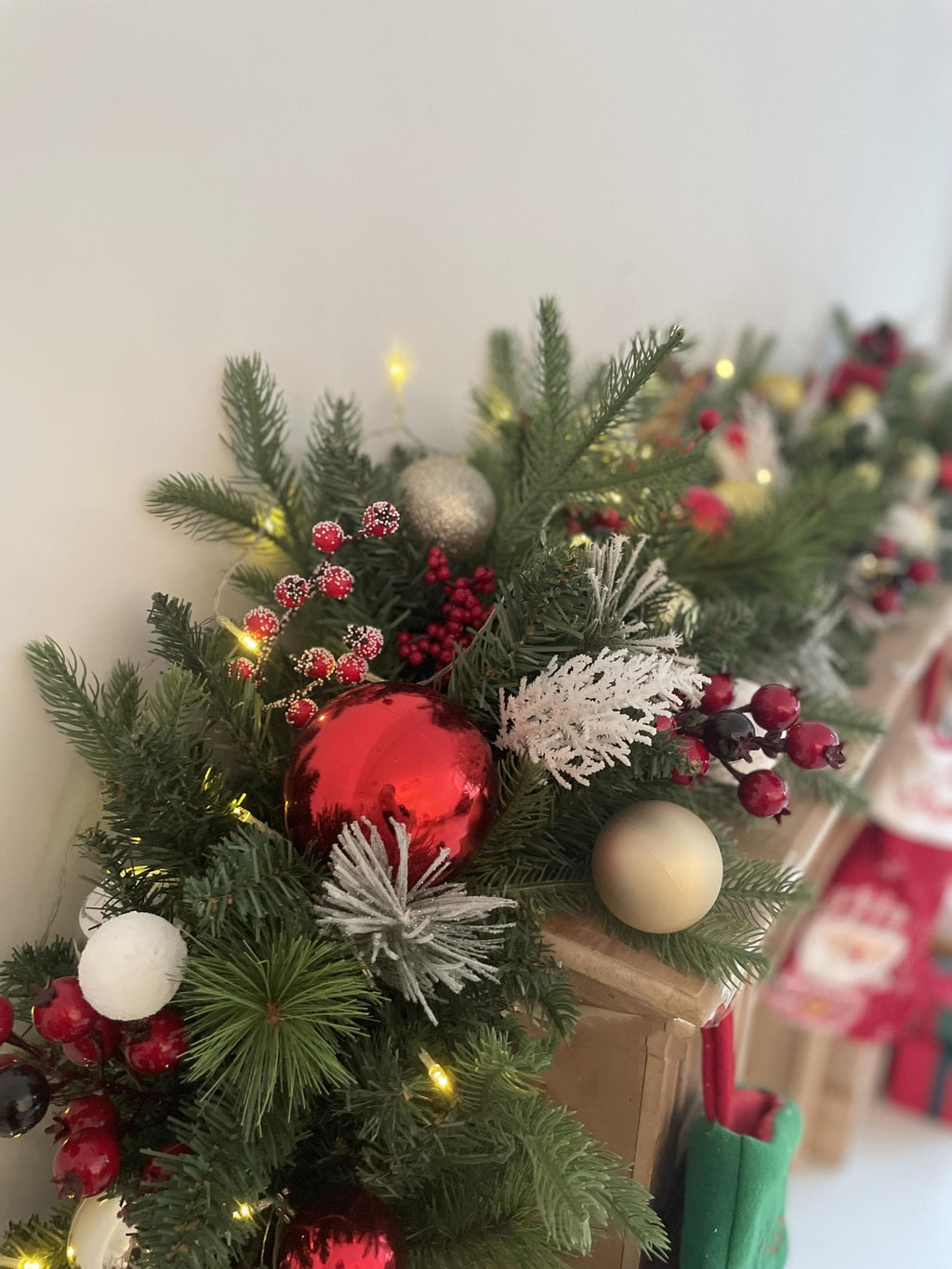 6FT Lush Christmas Mantel Garland with Red, Gold, and White Ornaments  Ideal for Mantel and Holiday Displays