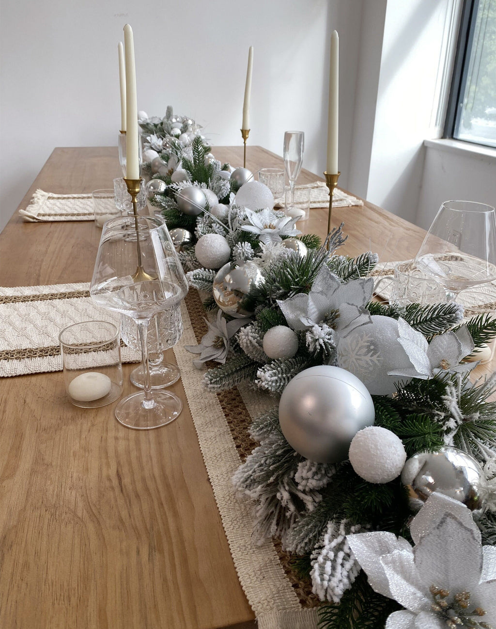 9FT Frosted Christmas Garland with Lights in Silver and White with Poinsettias,Snow Balls,Silver Balls and Leaves,Grass