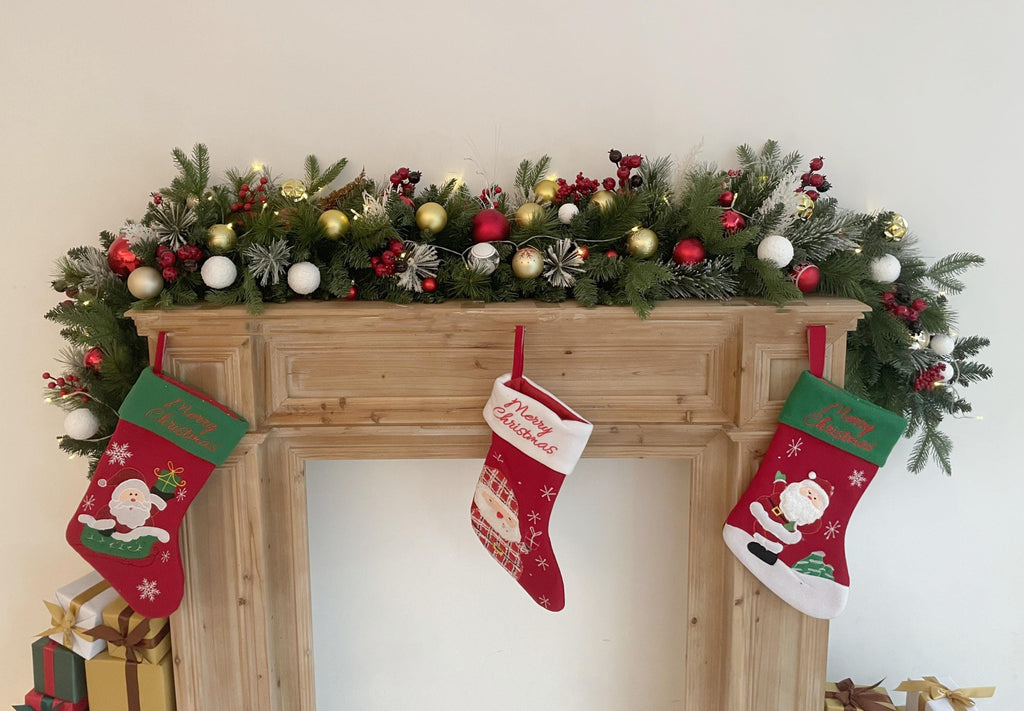 6FT Lush Christmas Mantel Garland with Red, Gold, and White Ornaments  Ideal for Mantel and Holiday Displays
