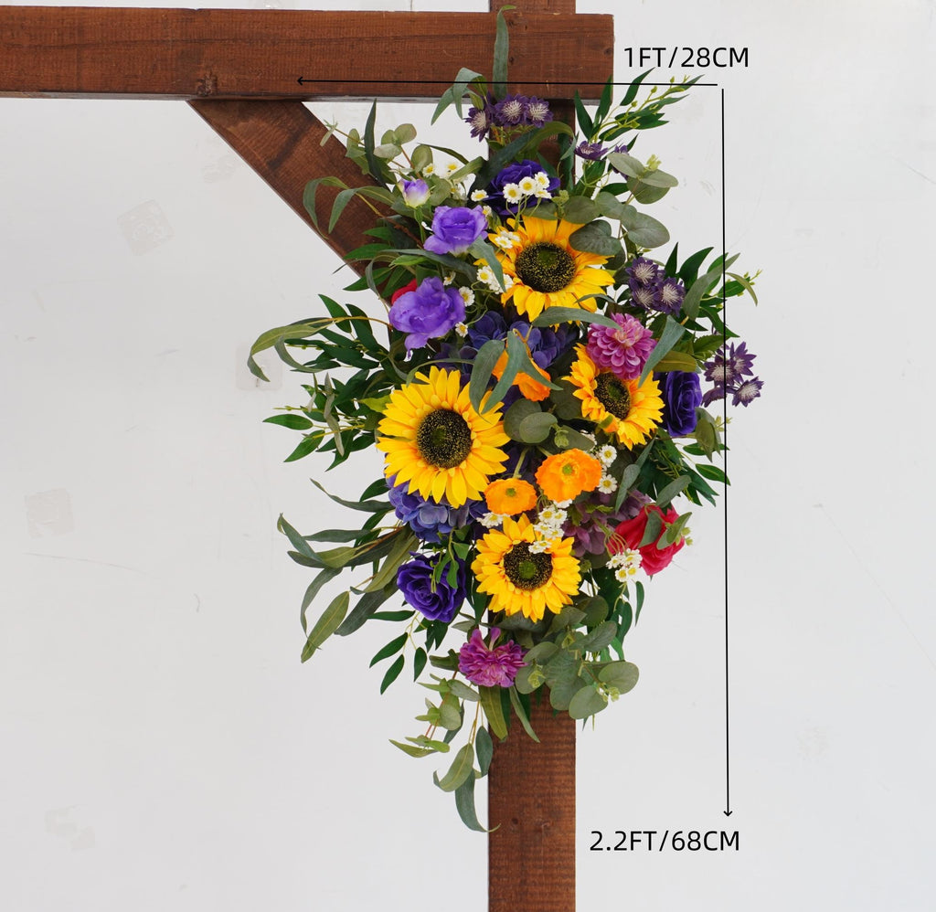 Sunflower Wedding Arch Arrangement: Purple Lisianthus, Crimson Roses