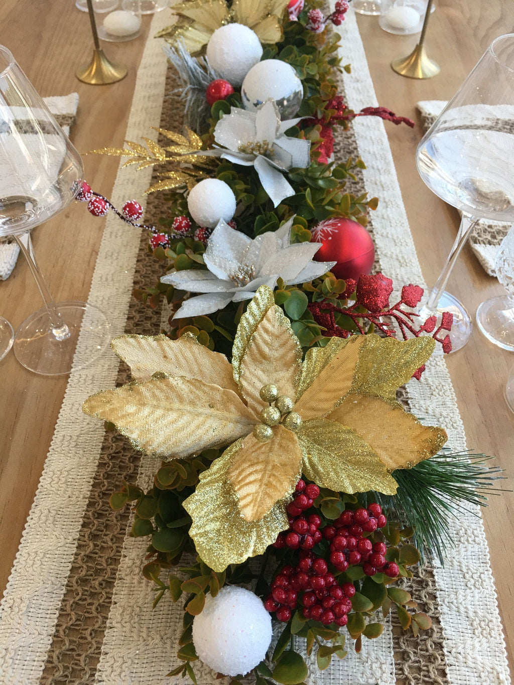 6FT Christmas Garland with Gold Poinsettias, Red Balls, Snow Balls, and Berries