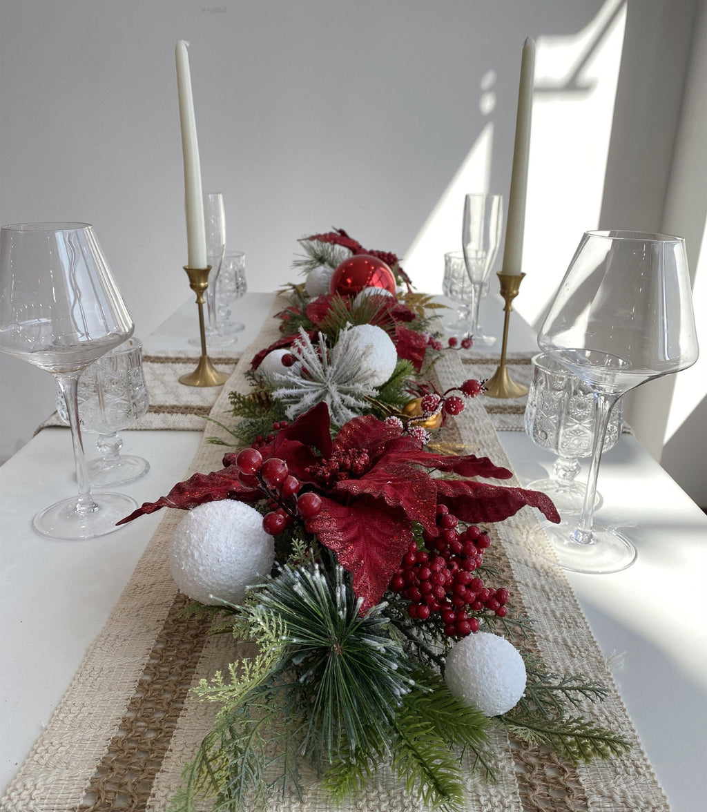 4.5FT Snow Kissed Christmas Garland and Matching Wreath with Red Poinsettias,Holly Berries and Snow Balls