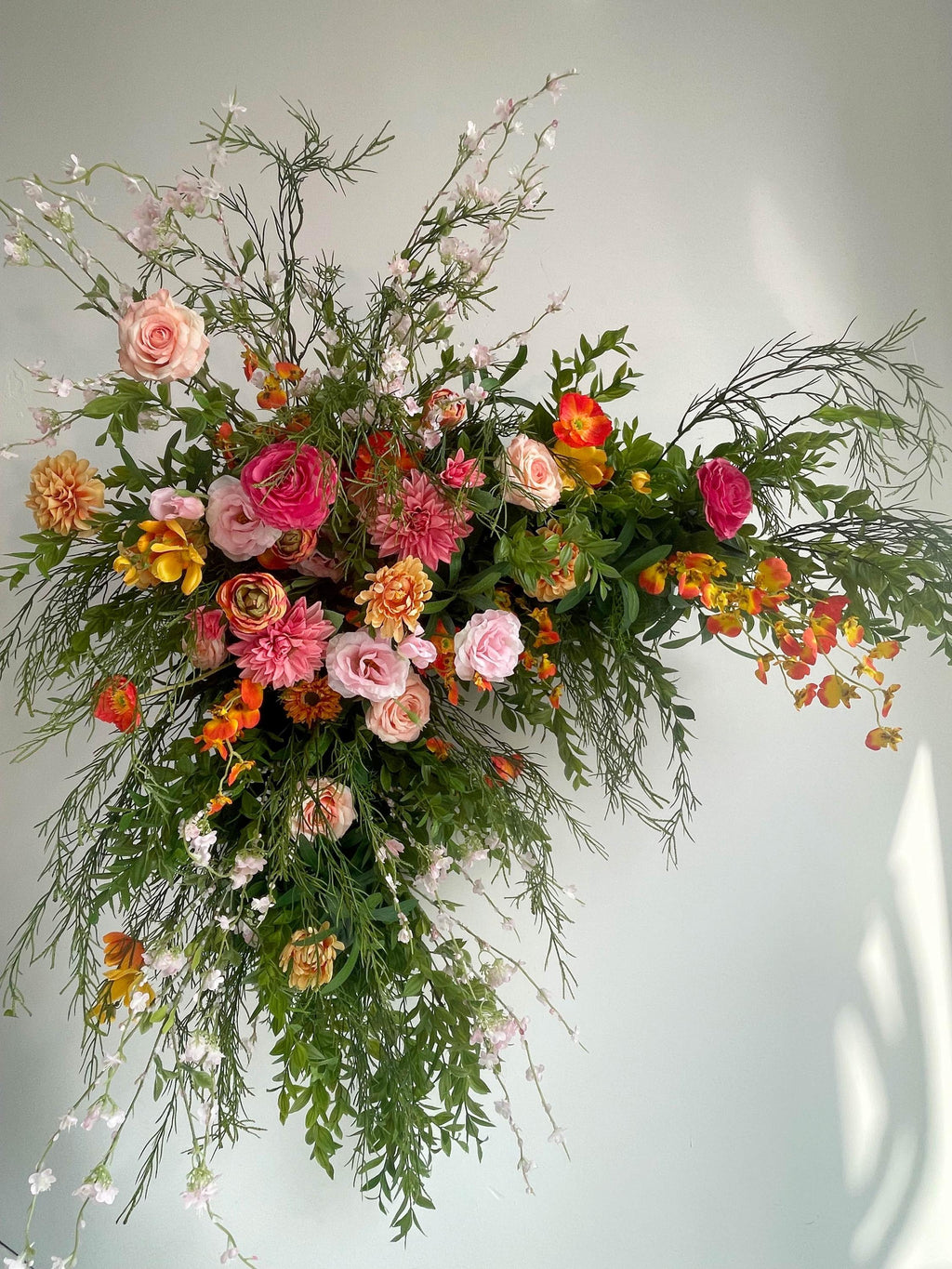 Fall Wedding Arch Arrangement: Orange, Pink Flowers & Greenery