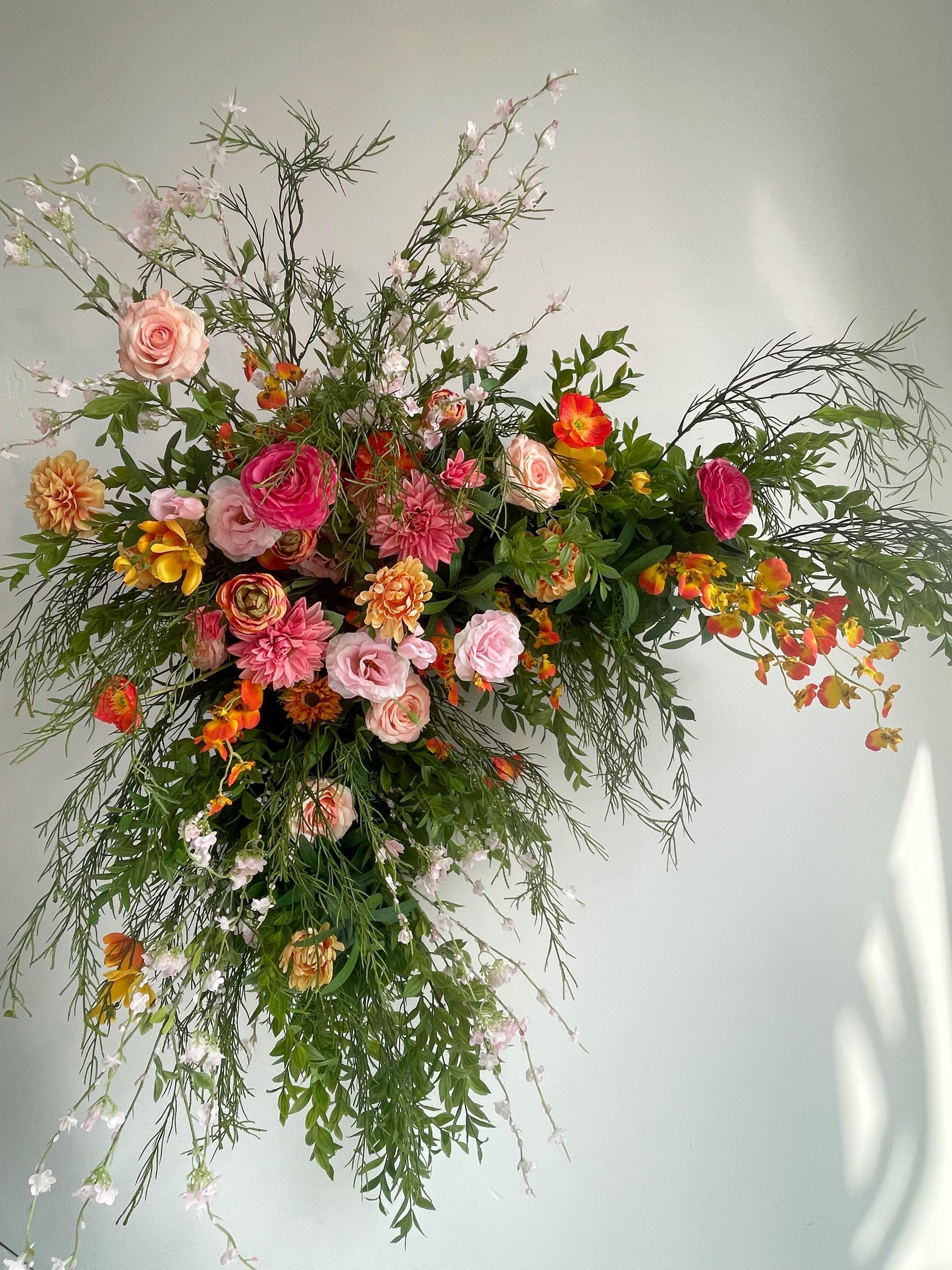 Fall Wedding Arch Arrangement: Orange, Pink Flowers & Greenery