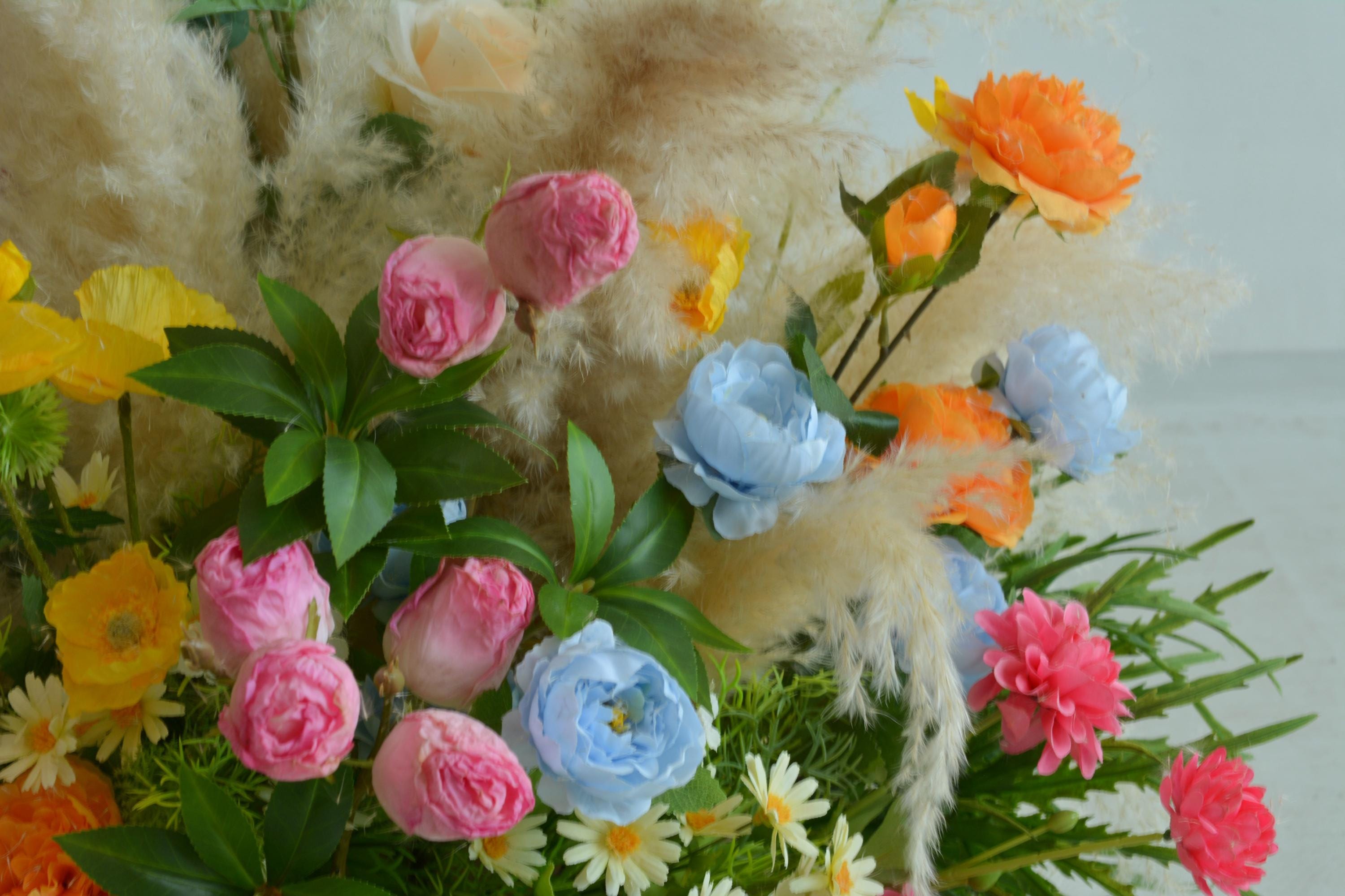 Colorful Pampas Grass Wedding Arch Flowers: Light Blue, Peach Ceremony Decor