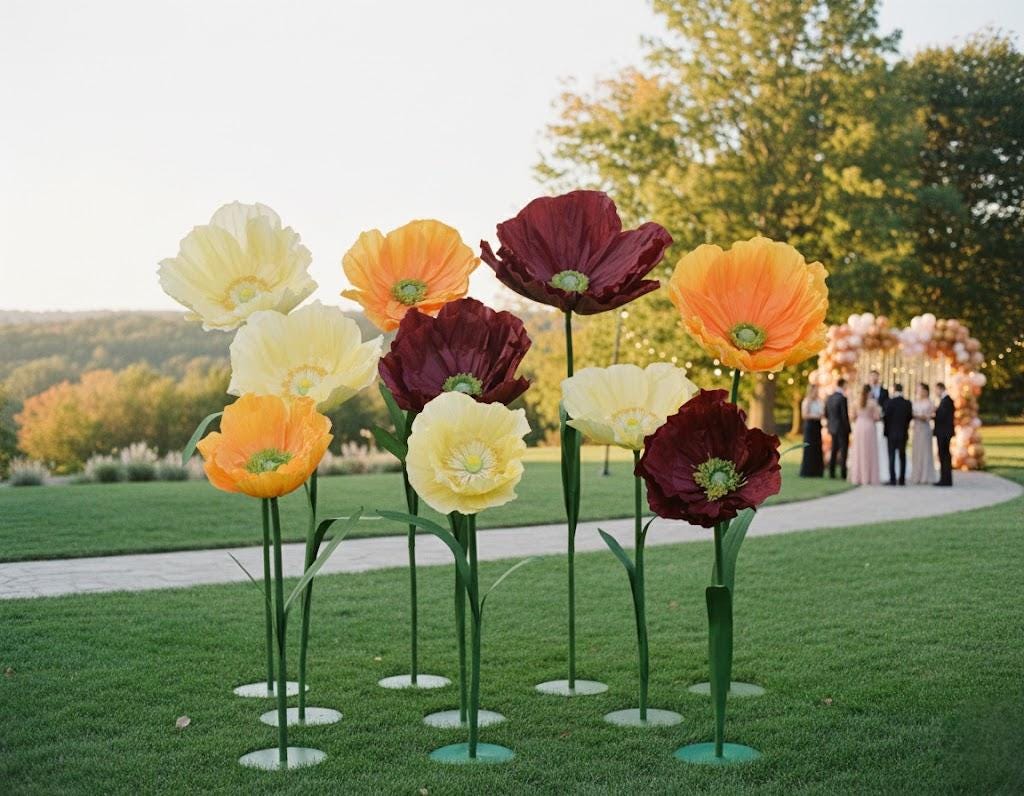 Giant Artificial Poppy Flowers, Large Paper Floral Stems for Outdoor Wedding Aisle and Event Decor
