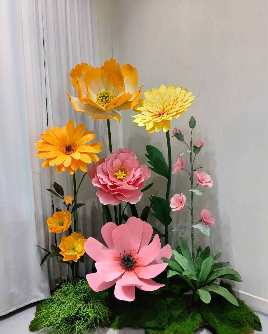 Giant Paper Flower Set for Photo Booth Backdrop, Yellow, Pink, and Orange Ground Floral Decor