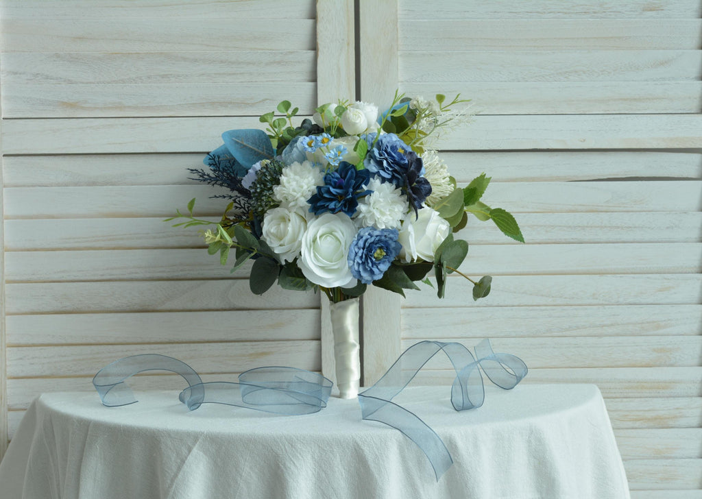 Elegant Wedding Bouquet Classic Bridal Flowers, White, Navy Blue and Blue