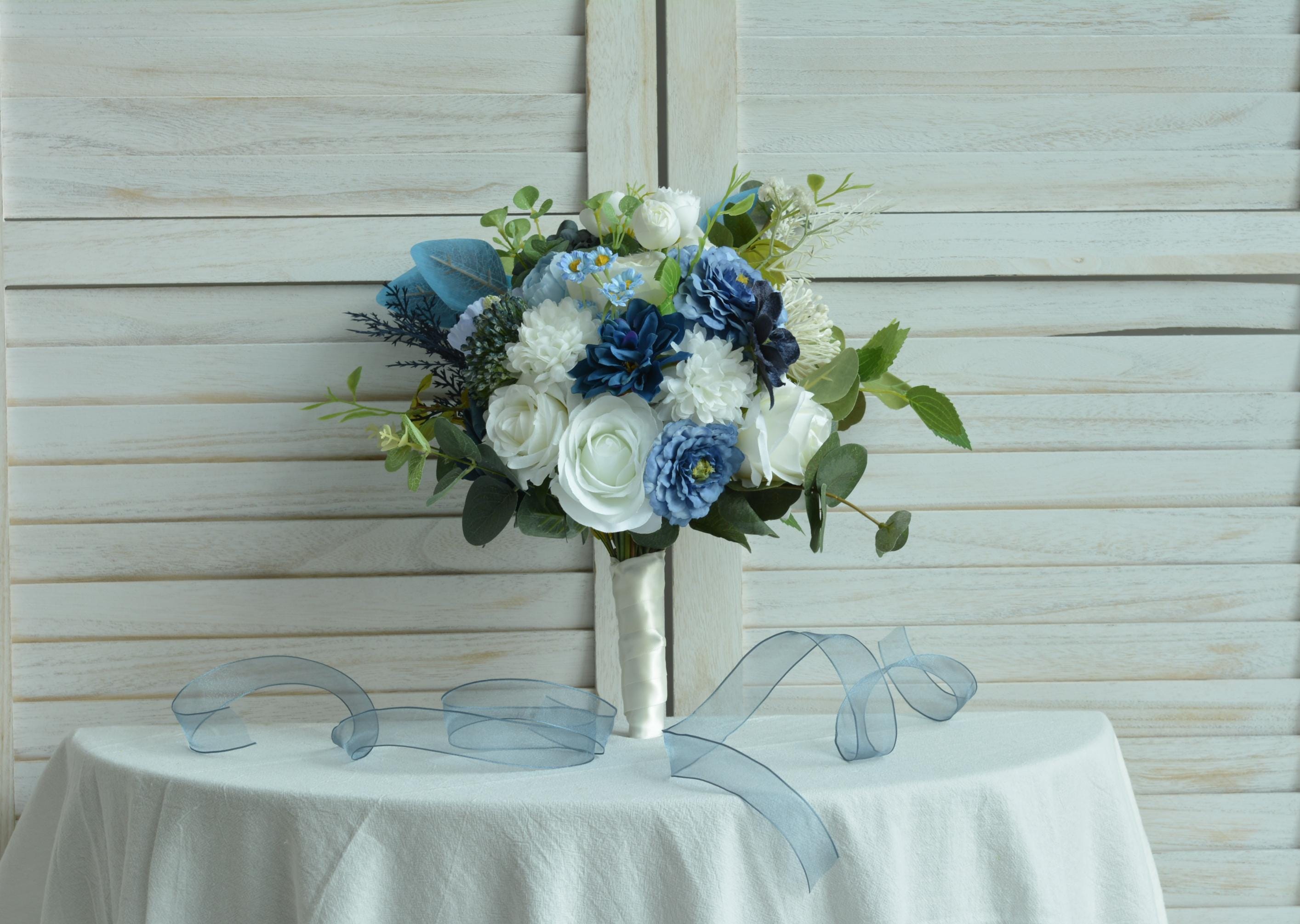 Elegant Wedding Bouquet Classic Bridal Flowers, White, Navy Blue and Blue