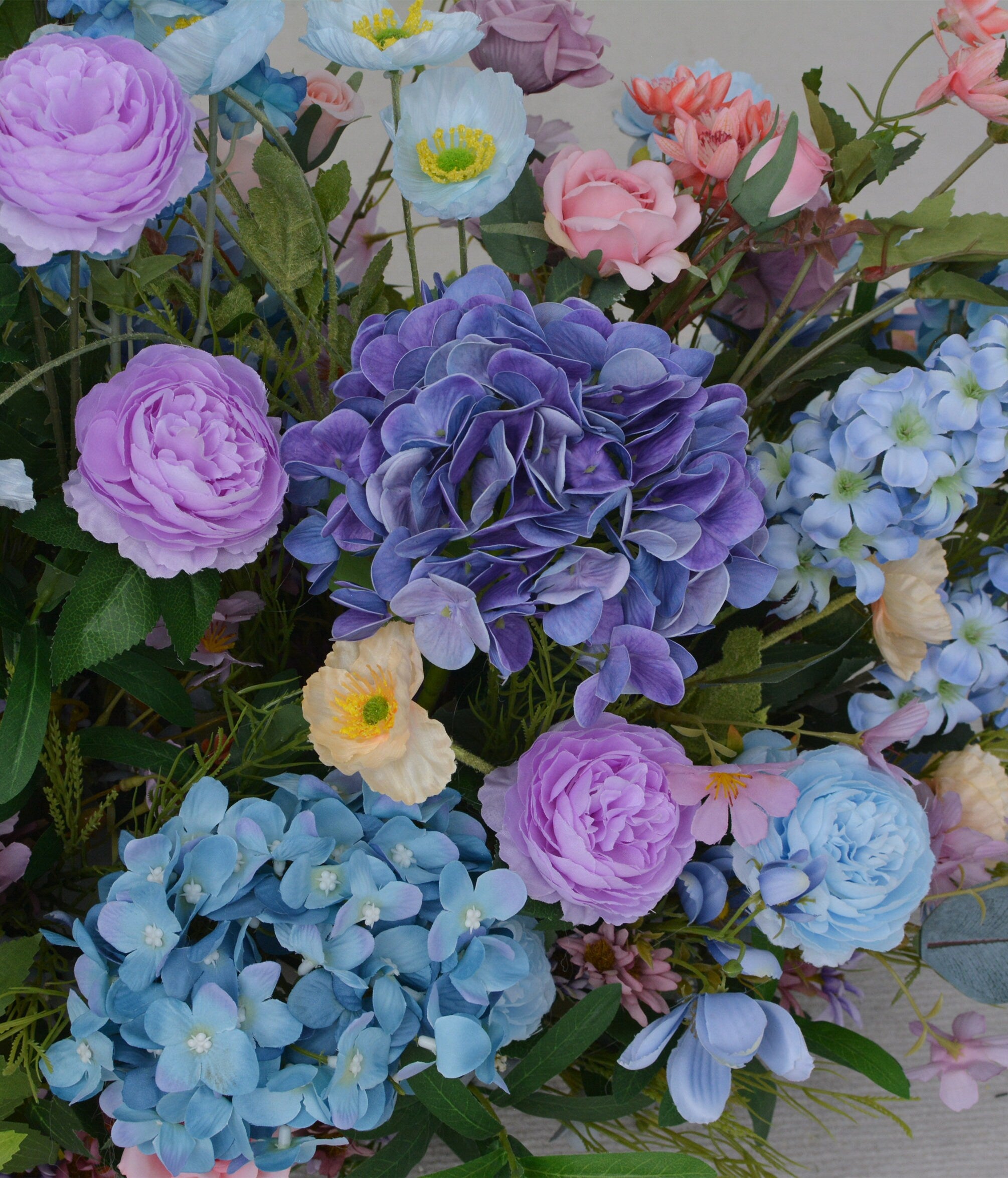 Artificial Wedding Flower Arrangements for Arch in Shades of Blue, Purple, and Dusty Pink