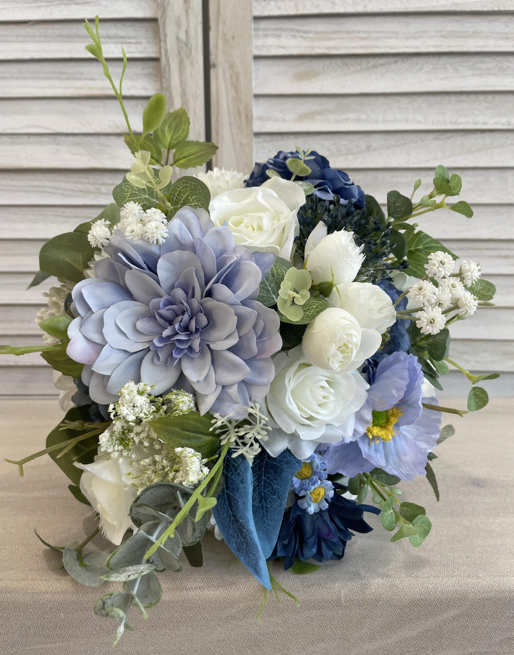 Elegant Bridal Bouquet Silk Flower Arrangement Wedding Bouquet Dusty Blue and White