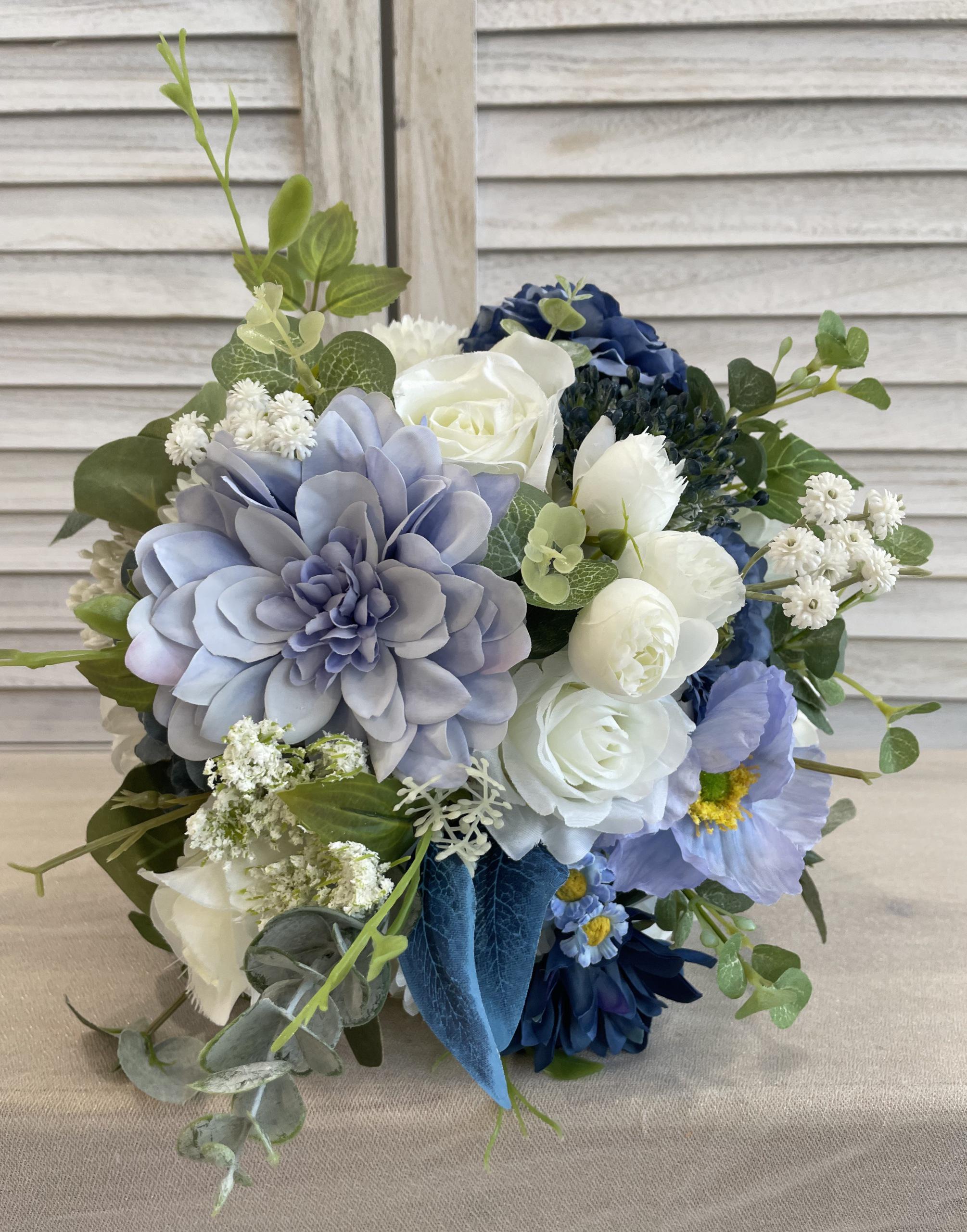 Elegant Bridal Bouquet Silk Flower Arrangement Wedding Bouquet Dusty Blue and White