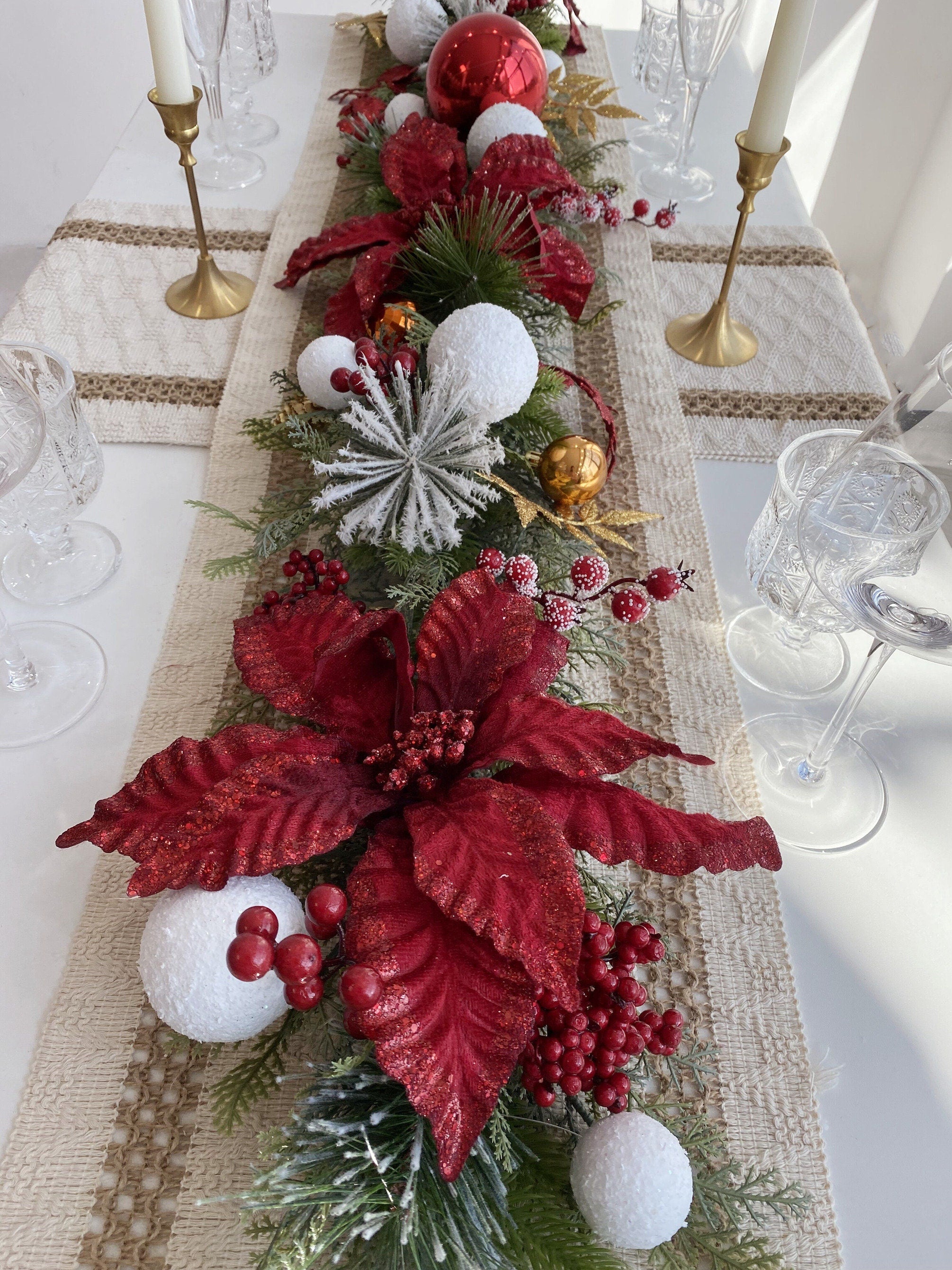 4.5FT Snow Kissed Christmas Garland and Matching Wreath with Red Poinsettias,Holly Berries and Snow Balls