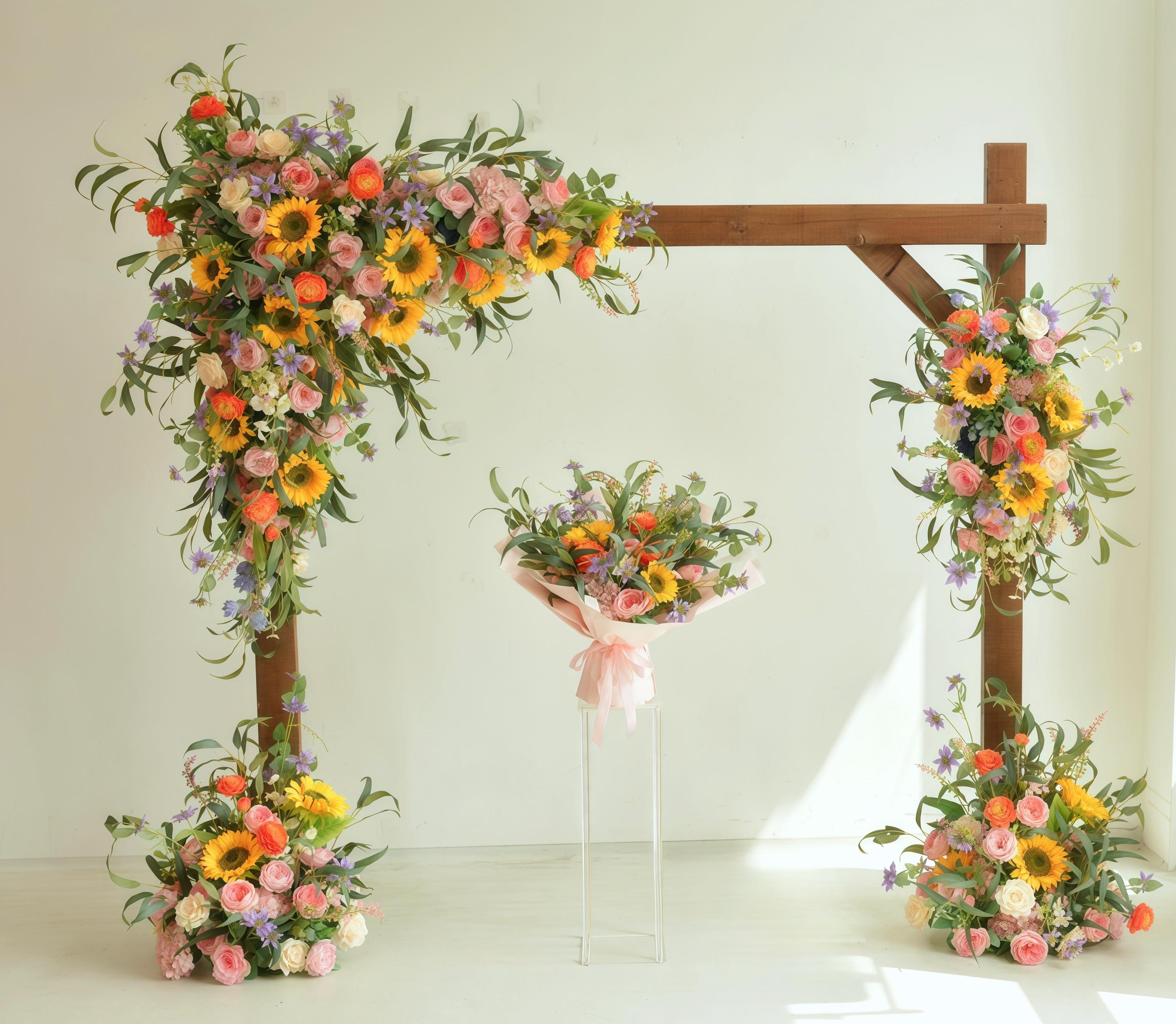 Arch Flower Arrangements with Sunflowers,Roses and Eucalyptus Wedding Flower Swag in Pink, Champagne, Ivory