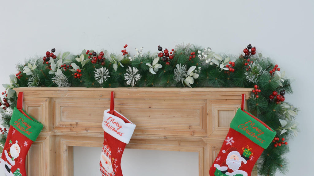 9FT Christmas Fireplace Garland with Greenery and Frosted Pine Accents, Holiday Mantel Decoration