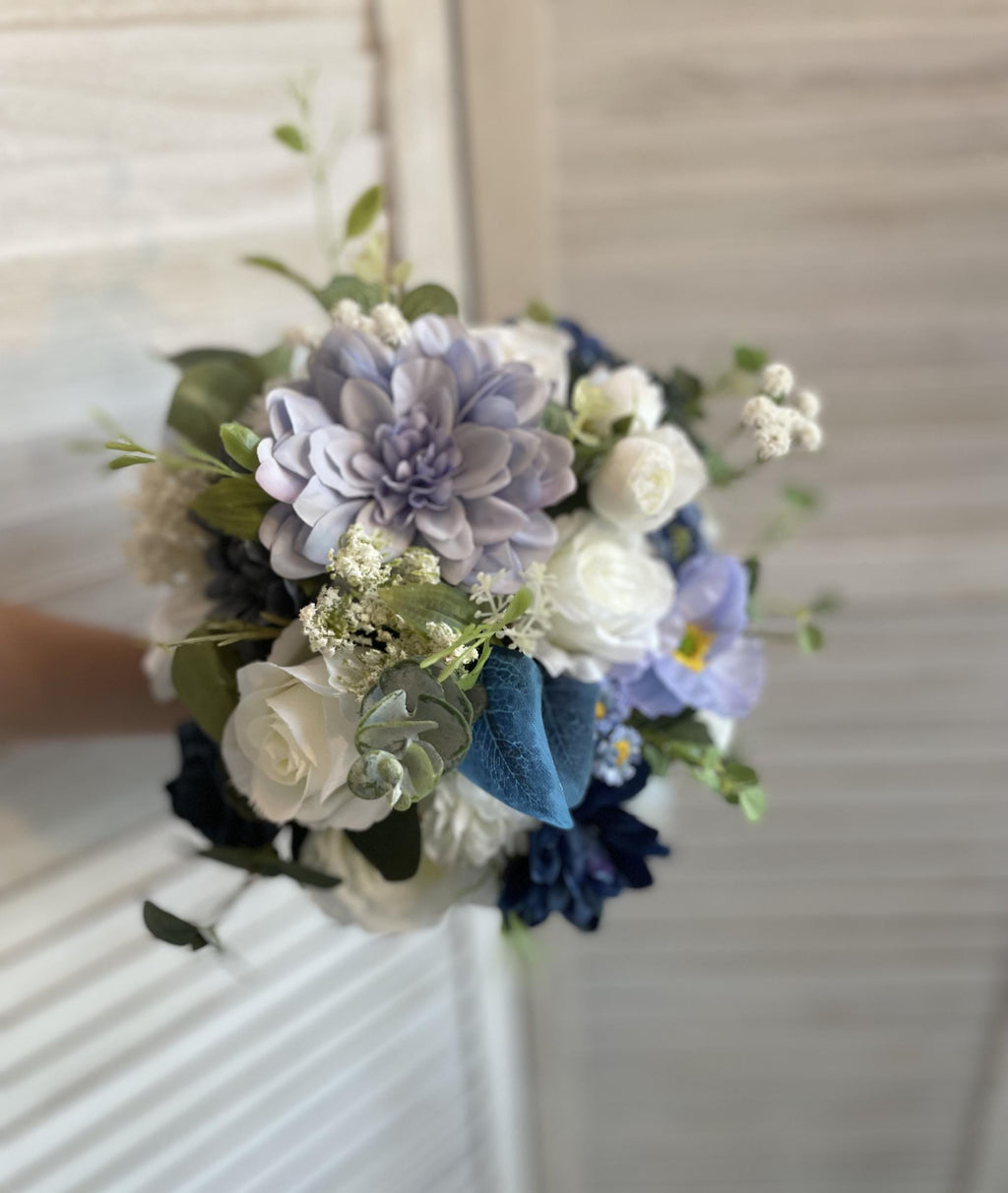 Elegant Bridal Bouquet Silk Flower Arrangement Wedding Bouquet Dusty Blue and White