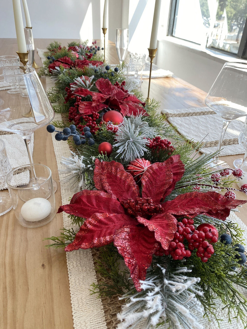 6.5FT Snow-Kissed Christmas Garland with Red Poinsettias, Red Balls, and Berries.