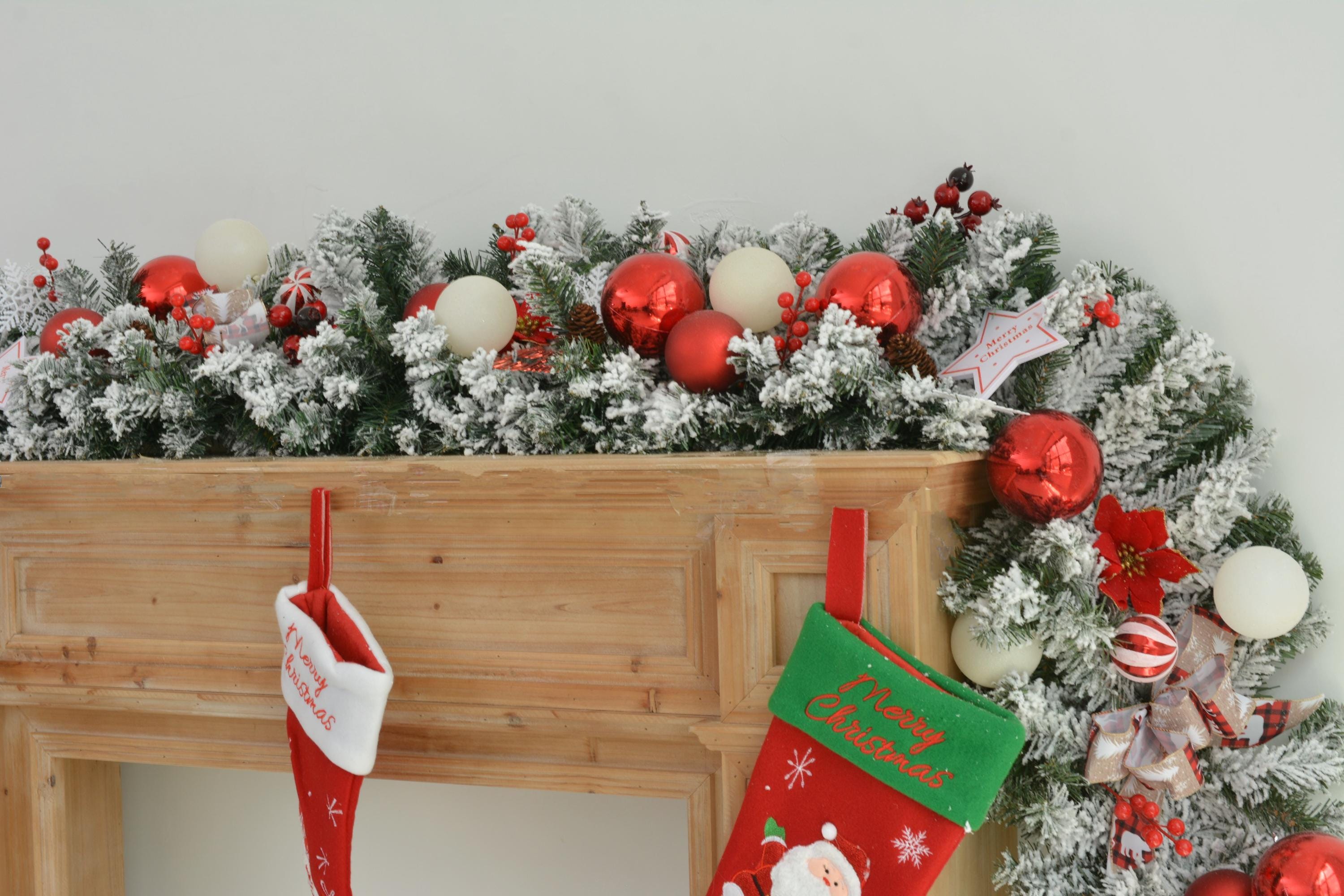 9FT Christmas Fireplace Garland with Red and White Ornaments and Frosted Greenery