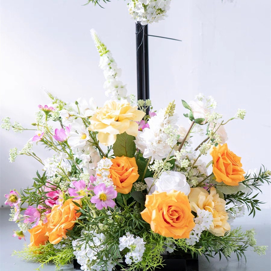 Artificial Wedding Flower Swag with Greenery, White and Yellow Flowers for Spring Summer Wedding