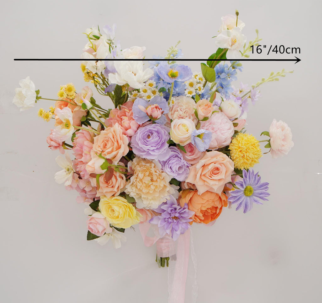 Bridal Bouquet with Mixed Garden Flowers Faux Wedding Bouquet in Pastel Peach, Lavender & Yellow