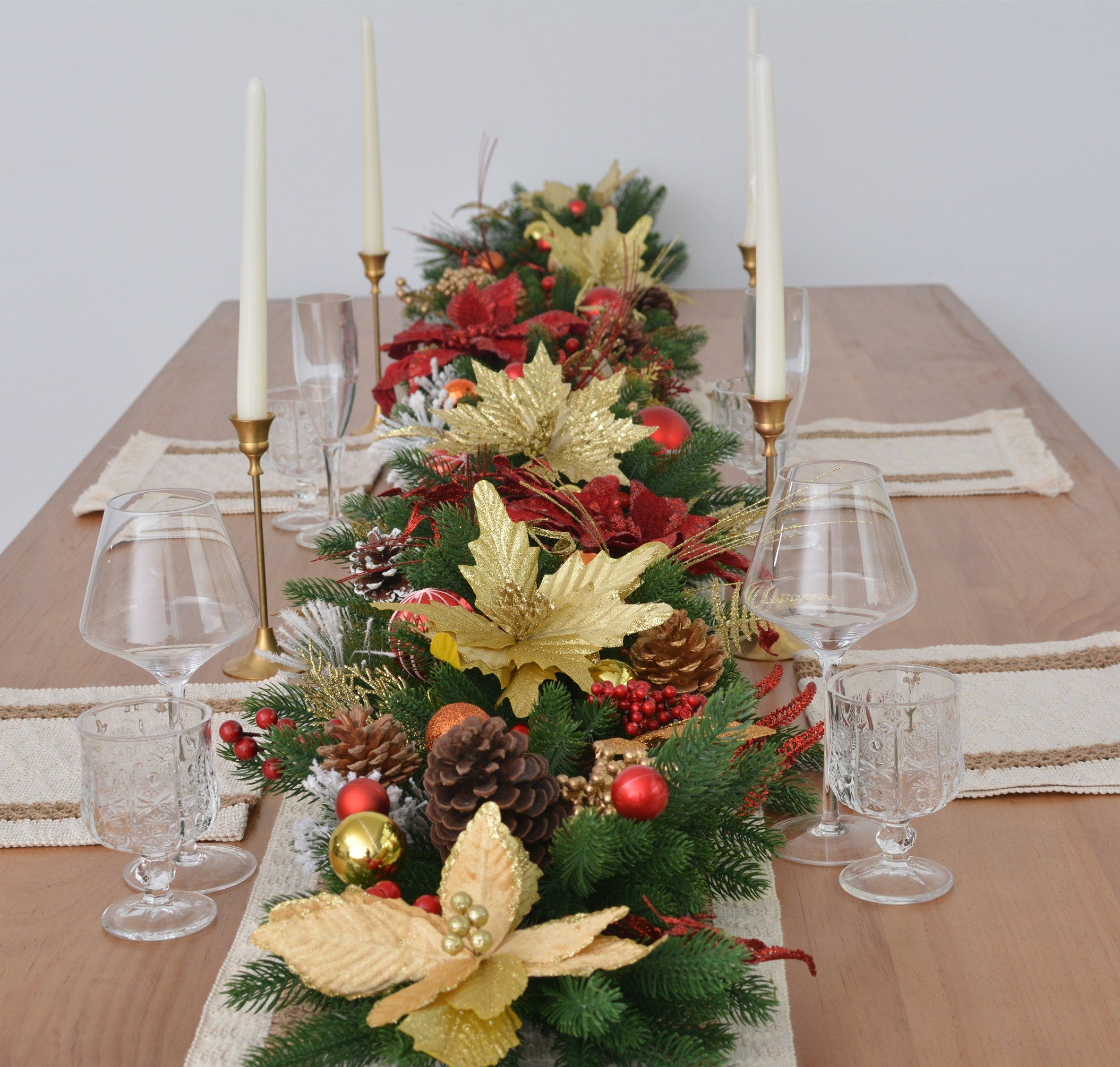 9FT Christmas Garland with Gold Poinsettias, Holly Berries, Pinecones, and Greenery,Customizable