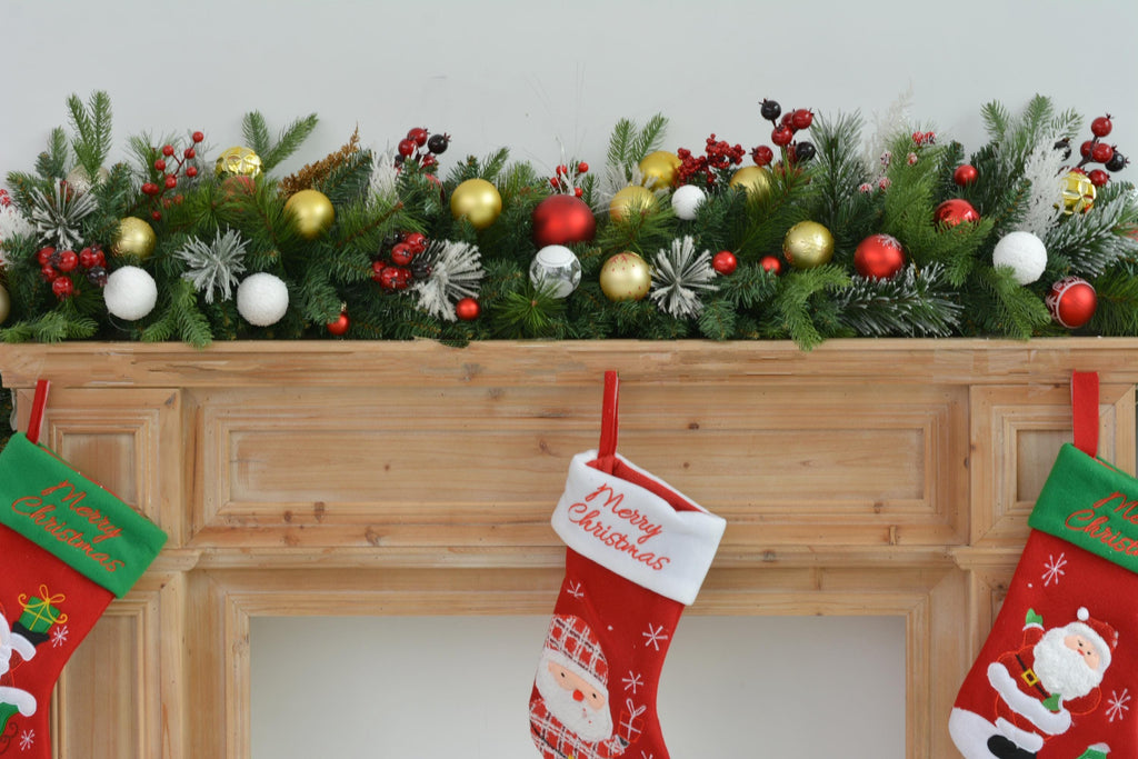 6FT Lush Christmas Mantel Garland with Red, Gold, and White Ornaments  Ideal for Mantel and Holiday Displays