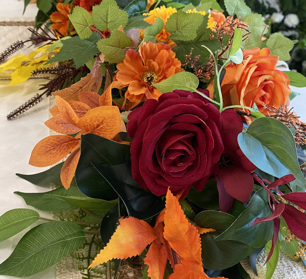 Fall Garland: Burgundy, Orange, and Yellow Thanksgiving Table Centerpiece (3.2FT)