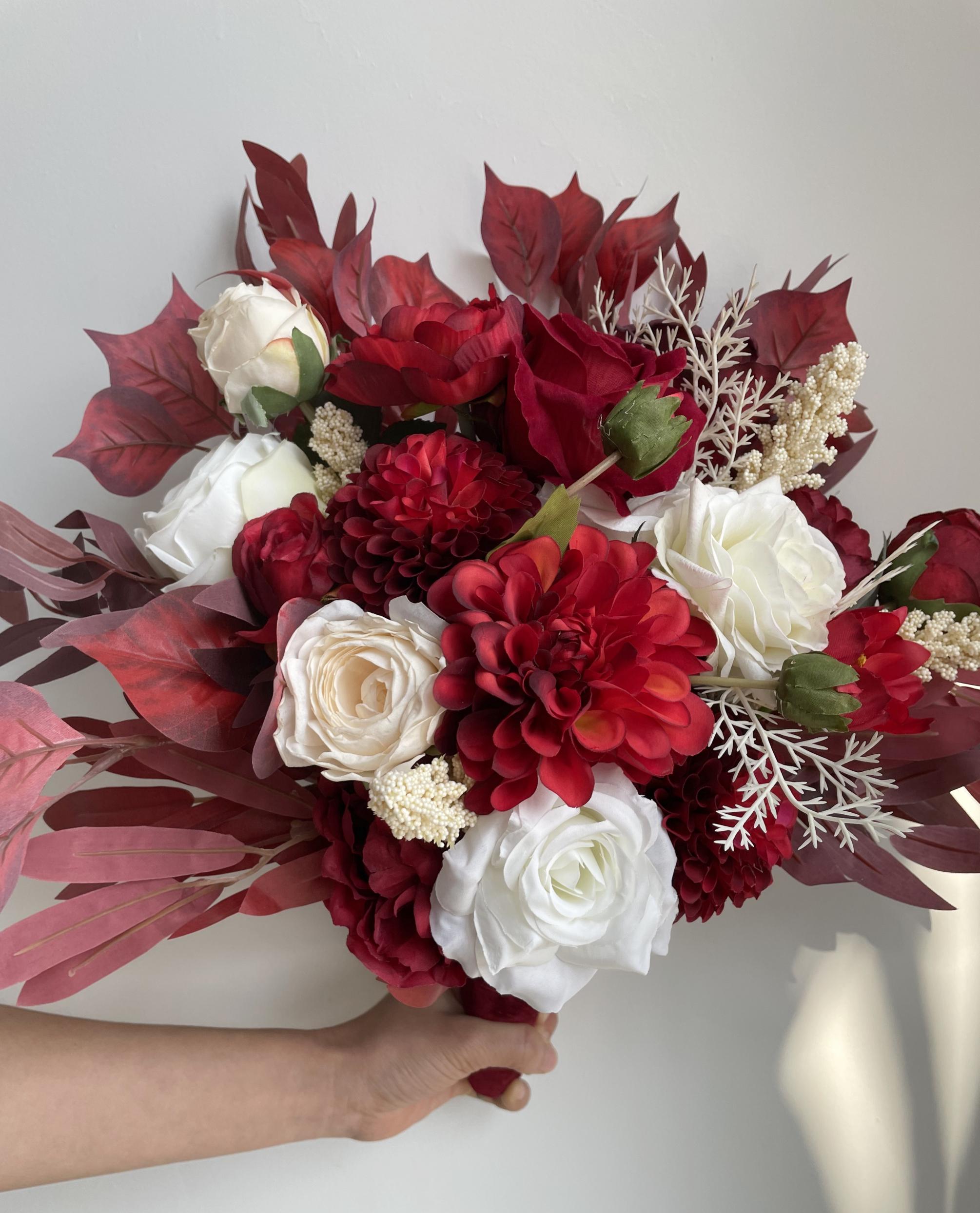 Elegant Bridal Bouquet With Red, White, and Champagne Floral Arrangement Wedding Flowers
