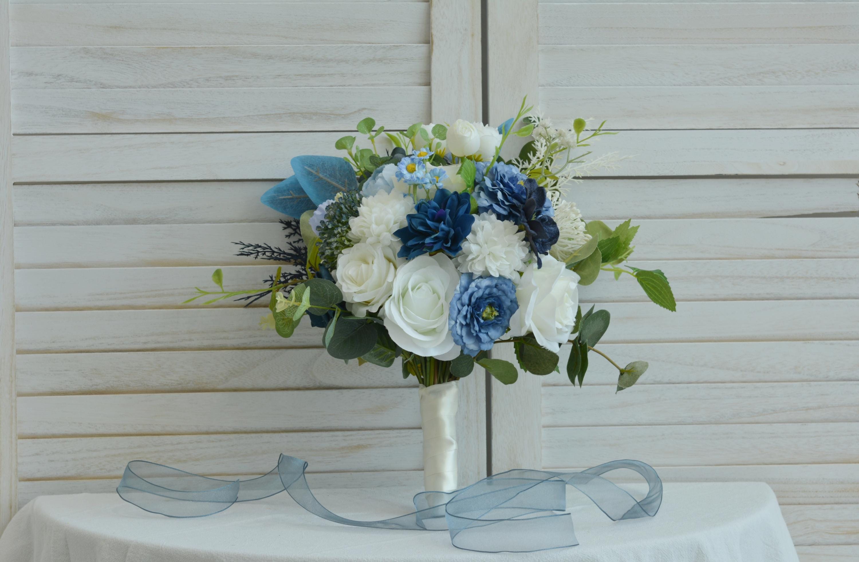 Elegant Wedding Bouquet Classic Bridal Flowers, White, Navy Blue and Blue