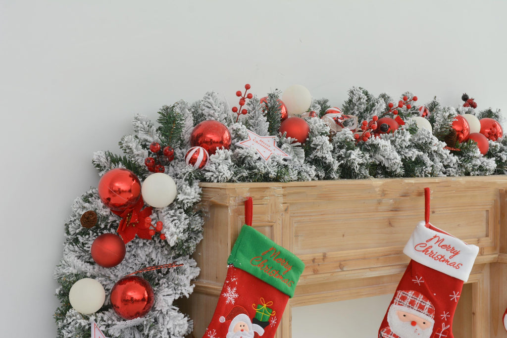 9FT Christmas Fireplace Garland with Red and White Ornaments and Frosted Greenery