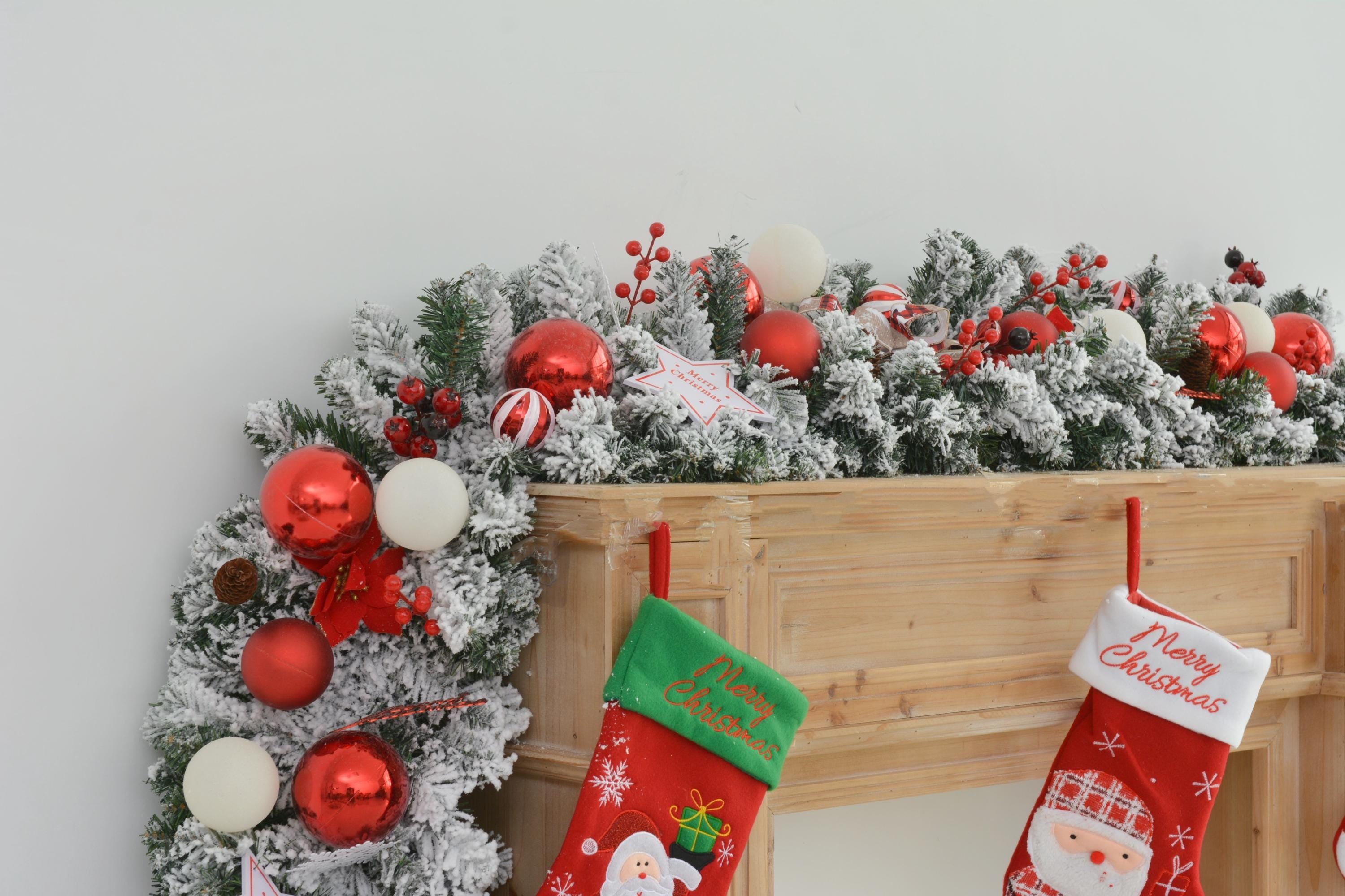 9FT Christmas Fireplace Garland with Red and White Ornaments and Frosted Greenery