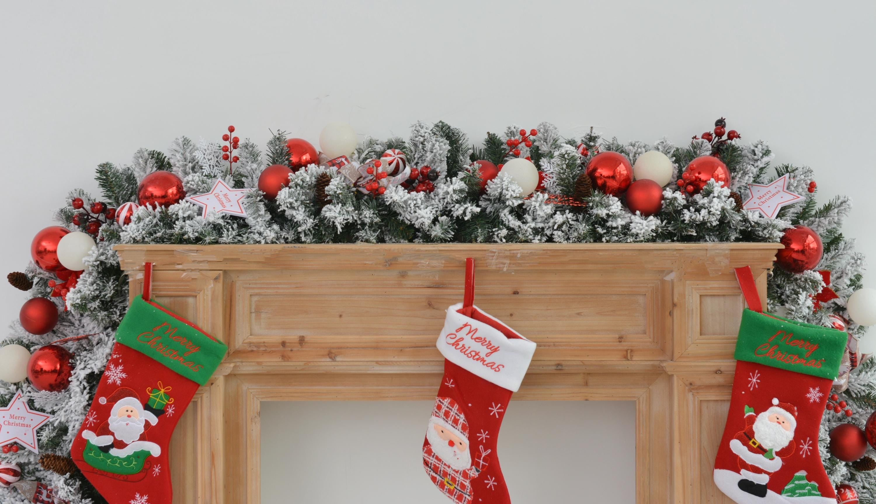 9FT Christmas Fireplace Garland with Red and White Ornaments and Frosted Greenery
