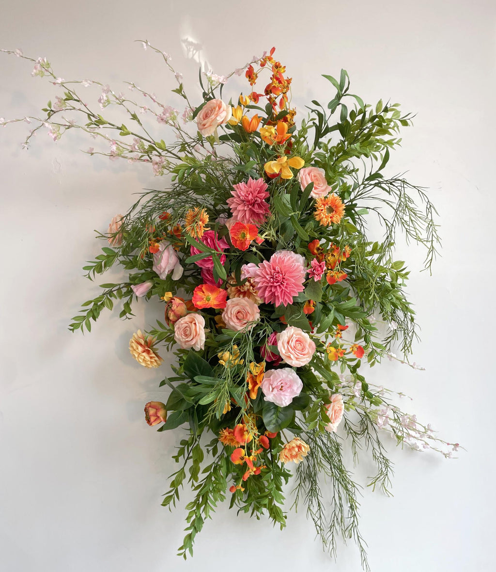 Fall Wedding Arch Arrangement: Orange, Pink Flowers & Greenery