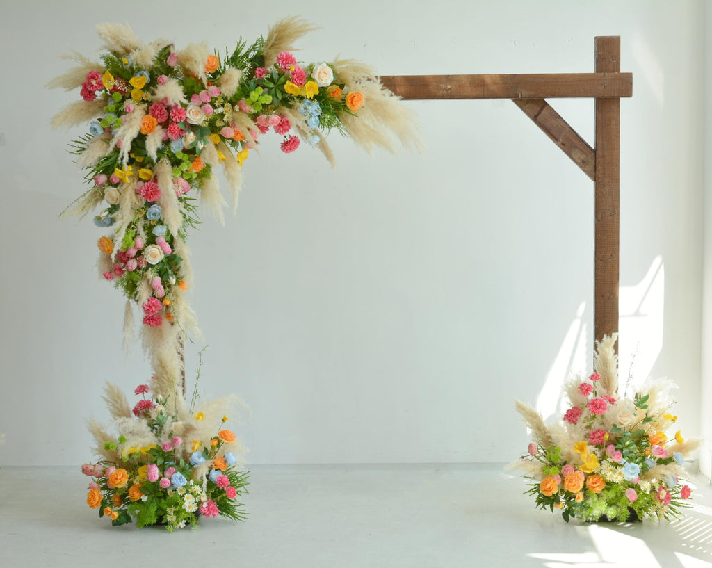 Colorful Pampas Grass Wedding Arch Flowers: Light Blue, Peach Ceremony Decor