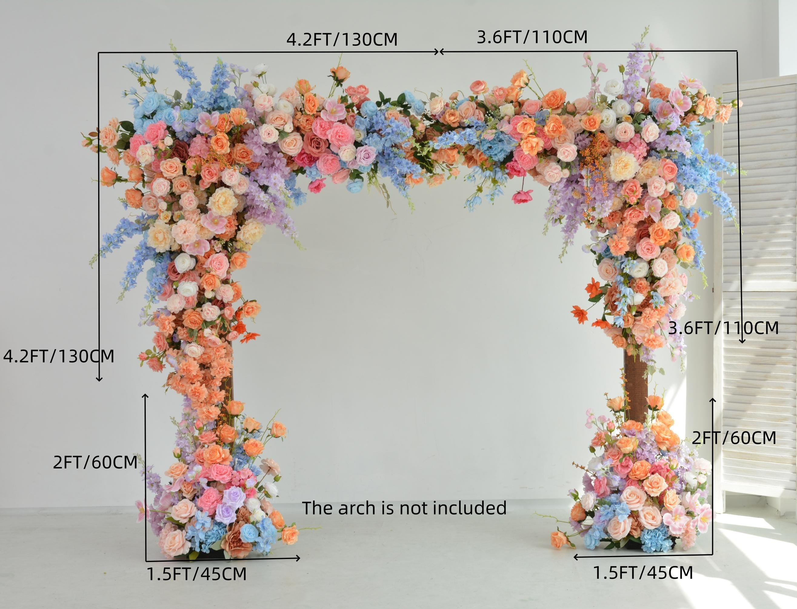 Pastel Wedding Arch Flower Arrangement with Soft Peach, Blush Pink, Baby Blue, and Lavender