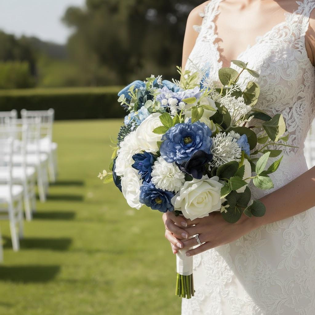 Elegant Wedding Bouquet Classic Bridal Flowers, White, Navy Blue and Blue