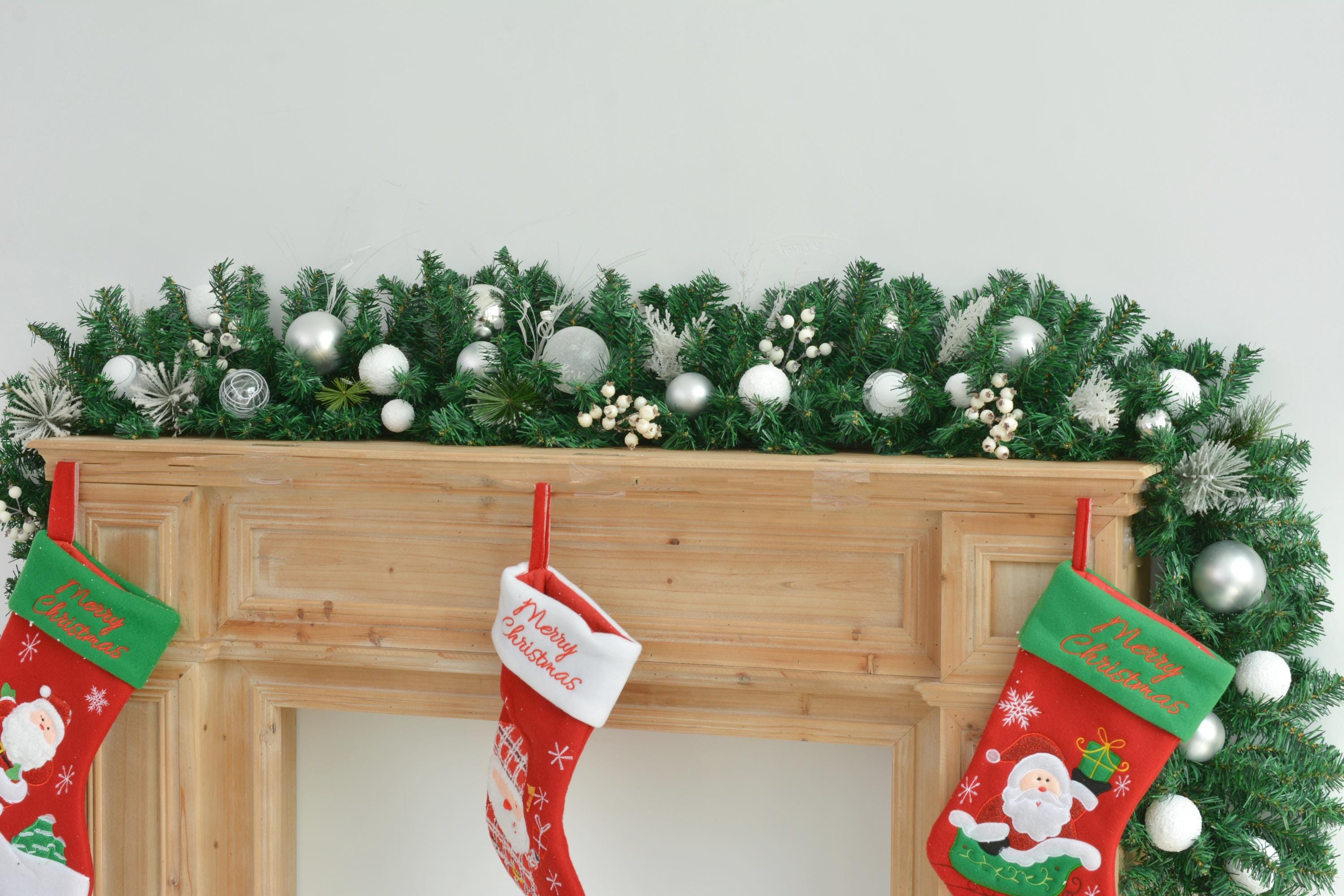 9FT Christmas Mantel Garland with Silver, White, and Frosted Accents, Holiday Fireplace Decor