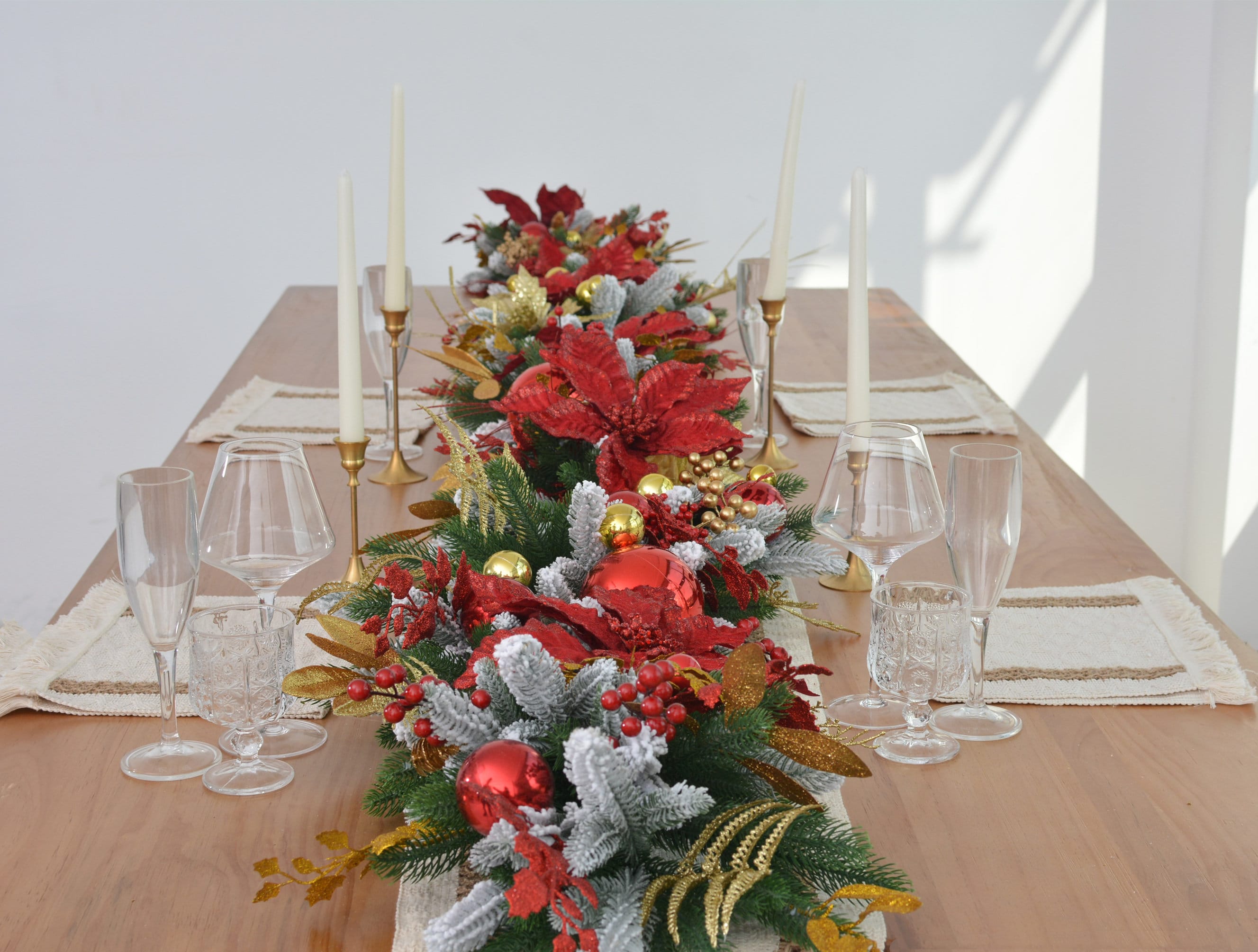 9FT Christmas Pine Garland with Red Poinsettias, Gold Leaves, Holly Berries, and Decor Balls