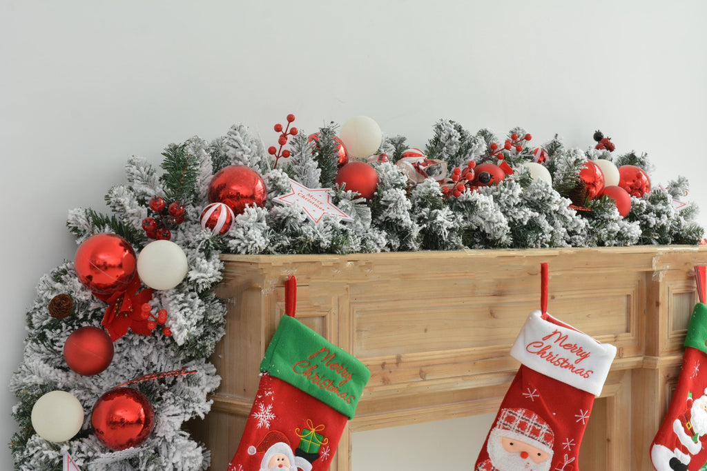 9FT Christmas Fireplace Garland with Red and White Ornaments and Frosted Greenery